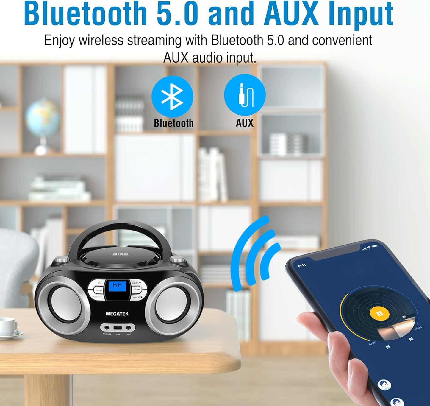 MEGATEK Portable CD Player Boombox with FM Radio, Bluetooth, USB Port, AUX Input, and Headphone Jack – CD-R/CD-RW/MP3-CD Compatible, Clear Stereo Sound, Backlit LCD Display – Black