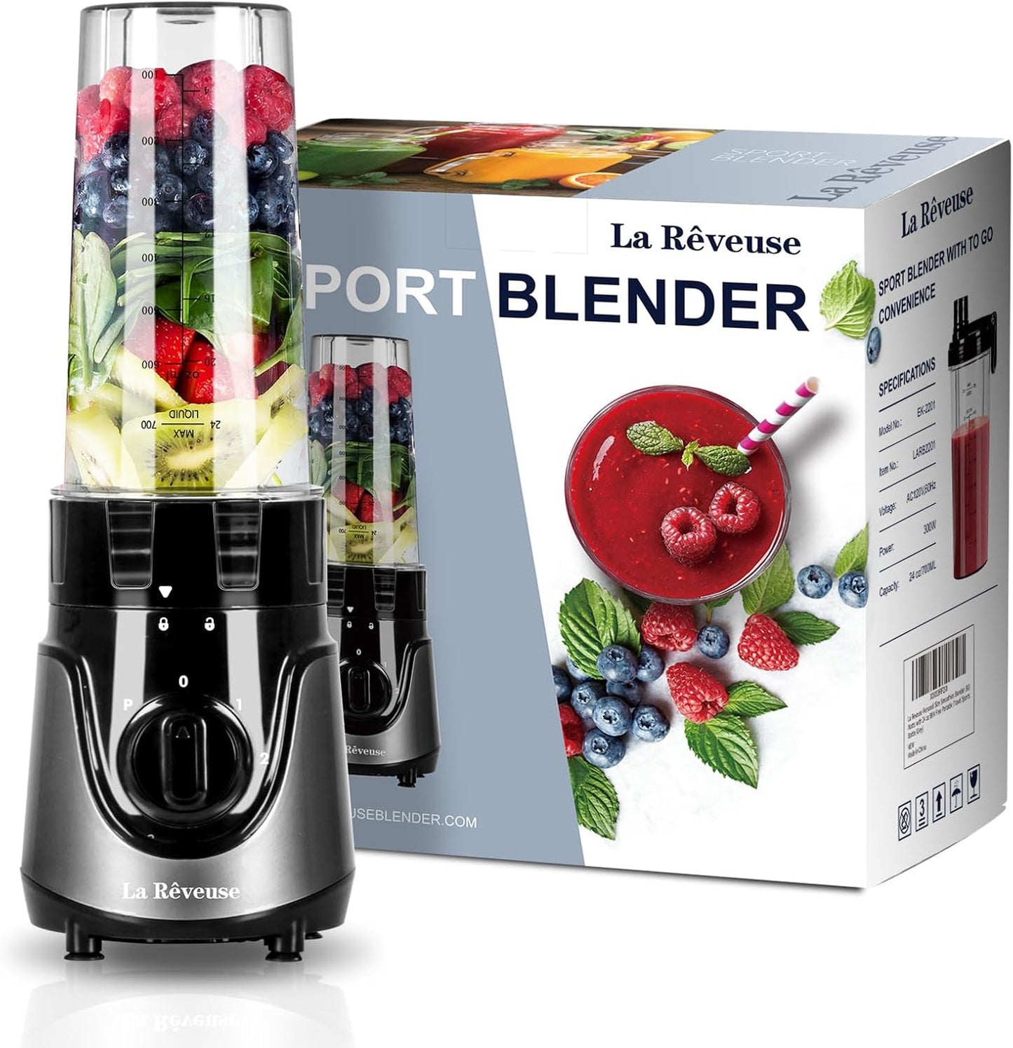 La Reveuse Personal Size Smoothies Blender 300 Watts with 24 oz BPA Free Portable Travel Sports Bottle (Grey)