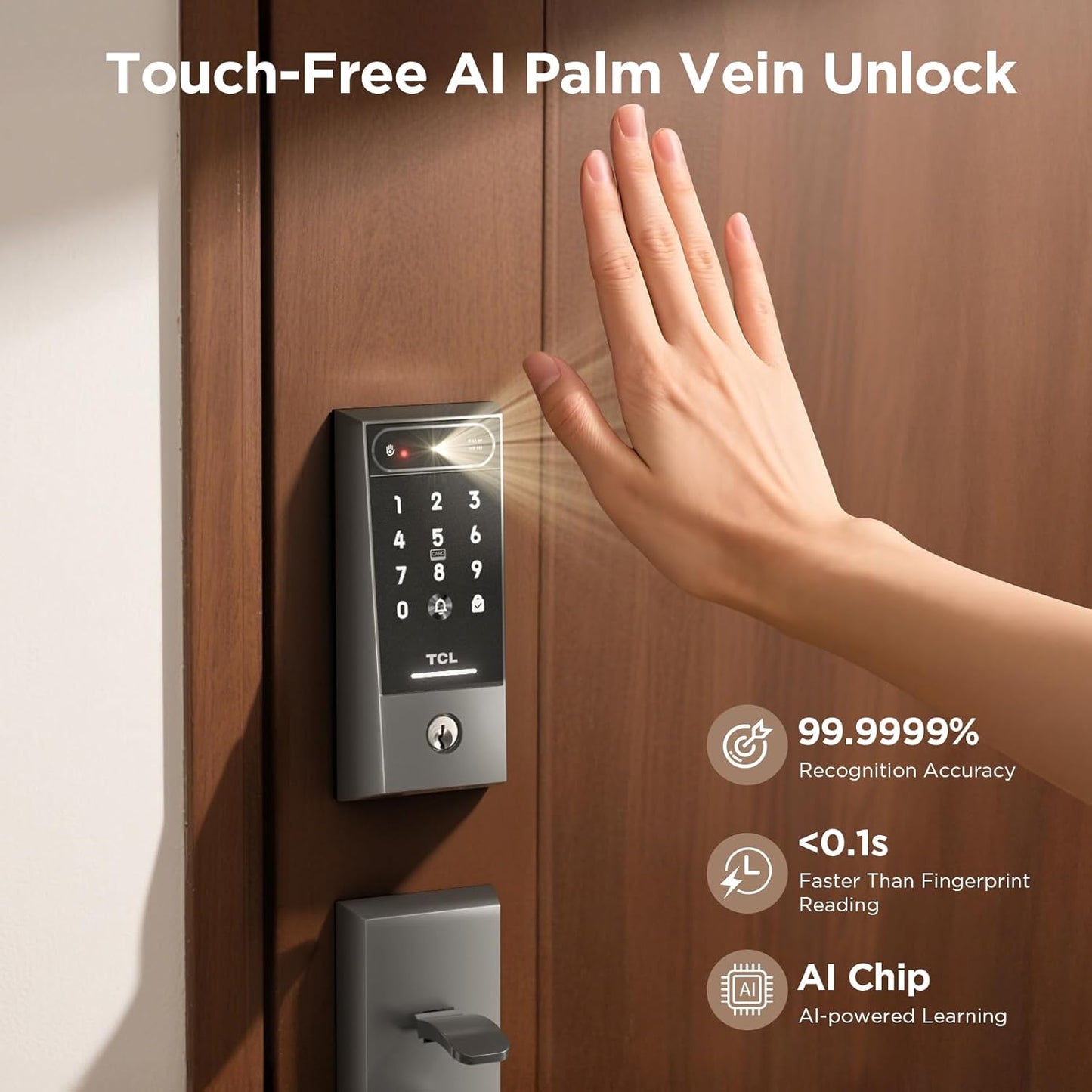 TCL Smart Lock D2 Pro, AI Palm Vein Recognition Built-in Doorbell Door Lock, Keyless Entry Security Electronic Deadbolt for Front Door, Works with Alexa, Auto Lock, Voice Control, Easy Install