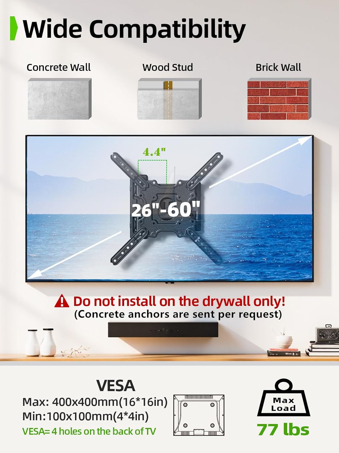 USX MOUNT Full Motion TV Wall Mount for 26-60 Inch TVs up to 77Lbs, Wall Mount TV Bracket, Single Stud Articulating TV Mount, Smooth Swivel Extension, Max VESA 400x400 mm, XMM915