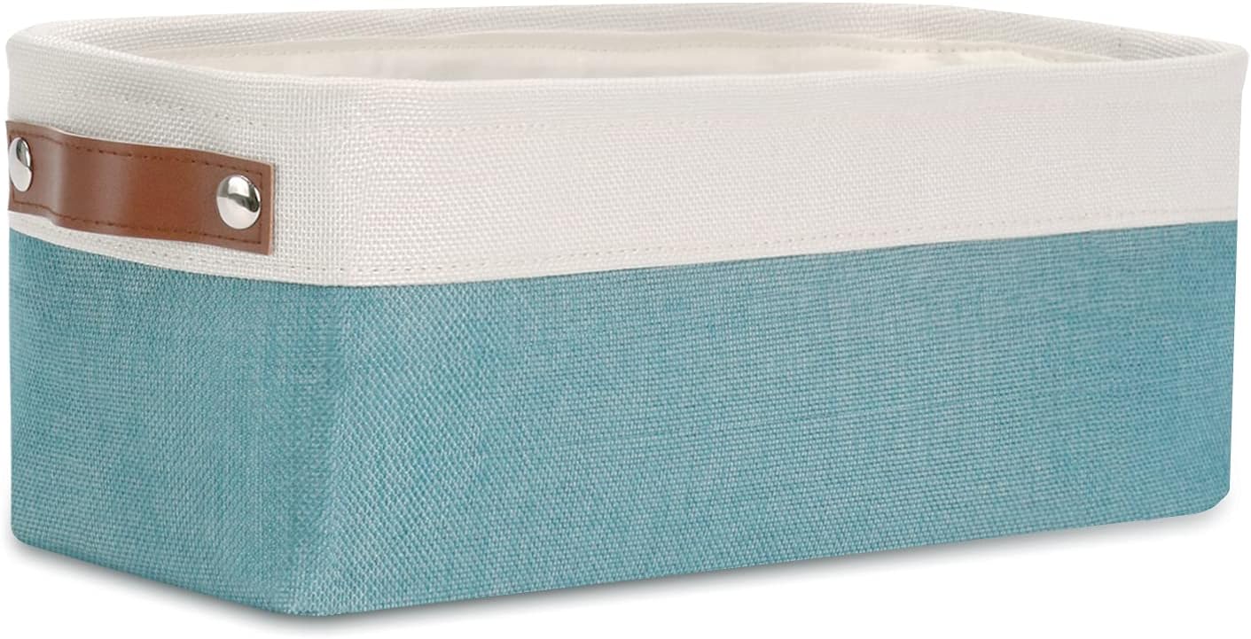 DULLEMELO Storage Baskets for Shelves, Fabric Collapsible Rectangular Storage Bins for Shelves, Closets, Nursery, Home, Office, Empty Gift Baskets (White&Teal)