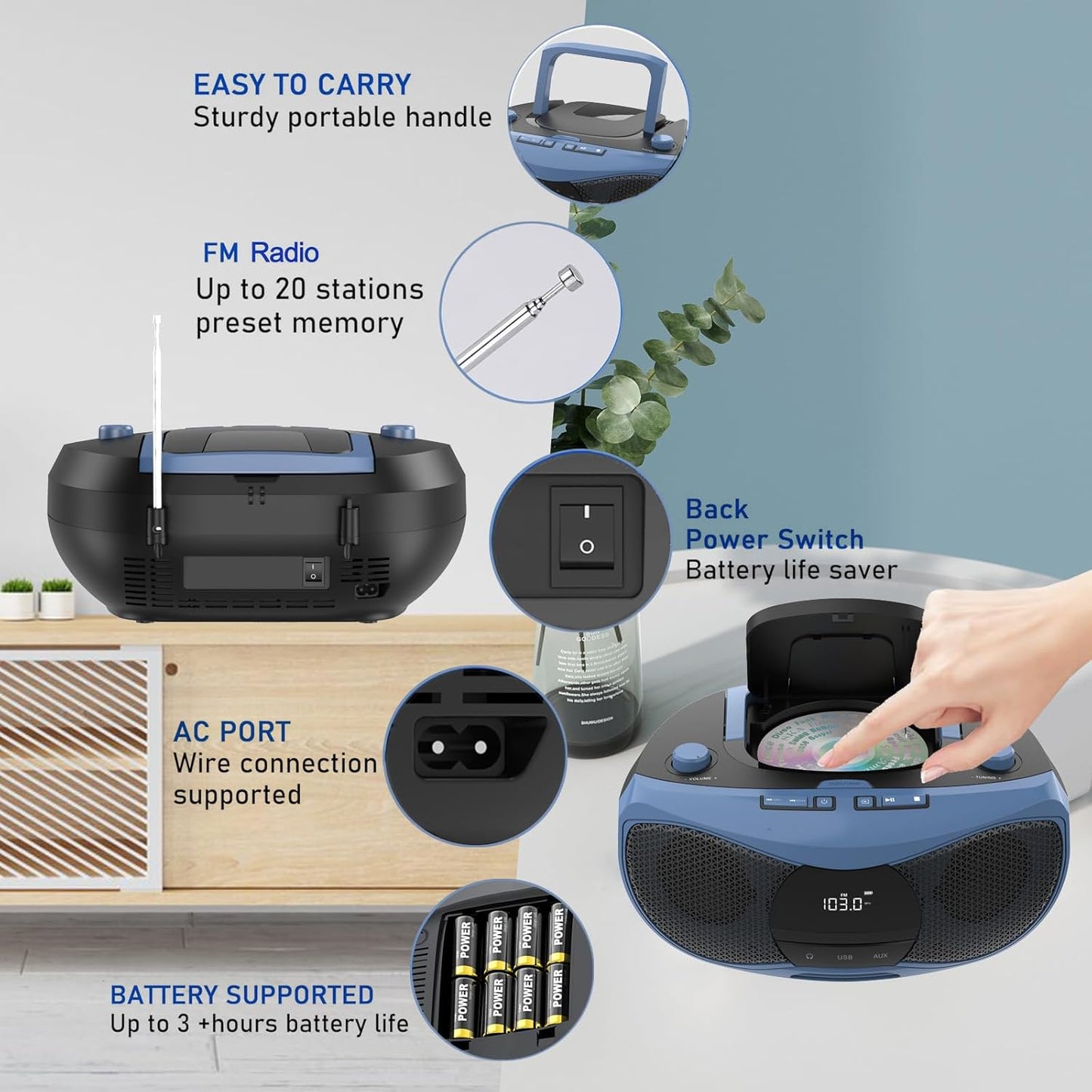 LONPOO Portable CD Player | Stereo Bluetooth Boombox | FM Radio Turn Knob | Auto Lid Open Button | Big LCD Display | Concealed Ports of USB/AUX/Earphone | Rear Power Protection Button (LP-D12)