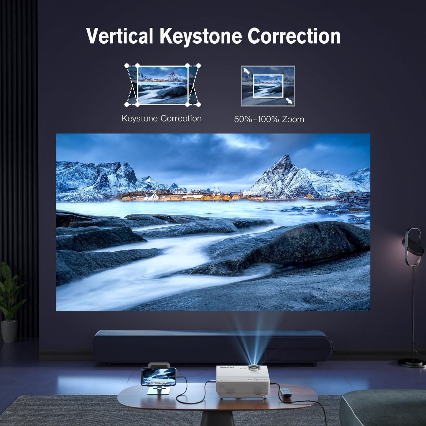 XuanPad Projector, 2023 Upgraded Mini Projector, Portable Video Projector HD 1080P Supported, 55000 Hours Home Projector, Compatible with TV Stick, HDMI, VGA, USB, AV, Laptop, iPhone, Android, White