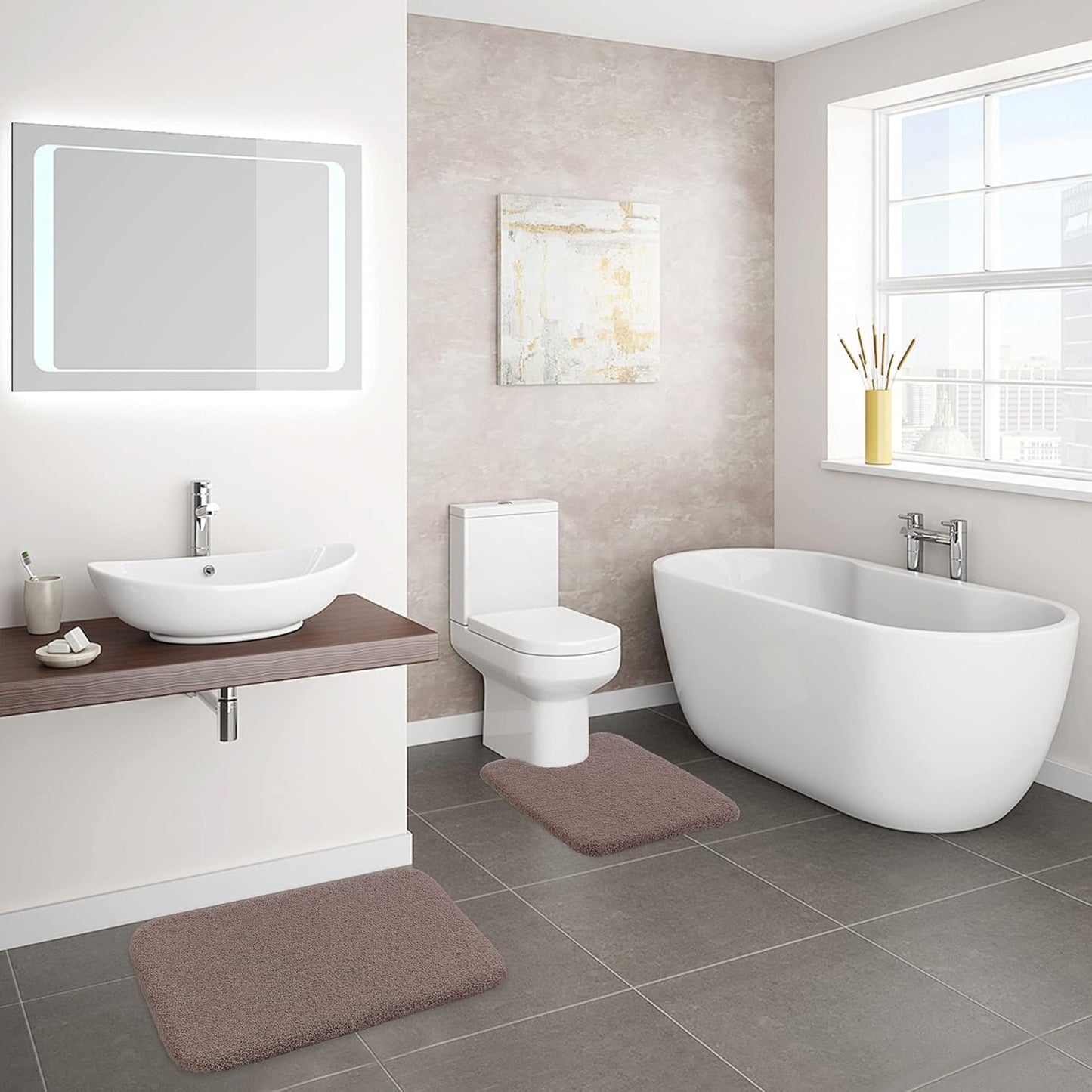 Bathroom Rugs Set 2 Pieces - Bath Rugs Ultra Soft Absorbent Non-Slip Fluffy Thick Microfiber Cozy Bath Mats Set for Tub Shower Bathroom Floors Accessories, 20"x32" & 16"x24" Set of 2 (Beige)