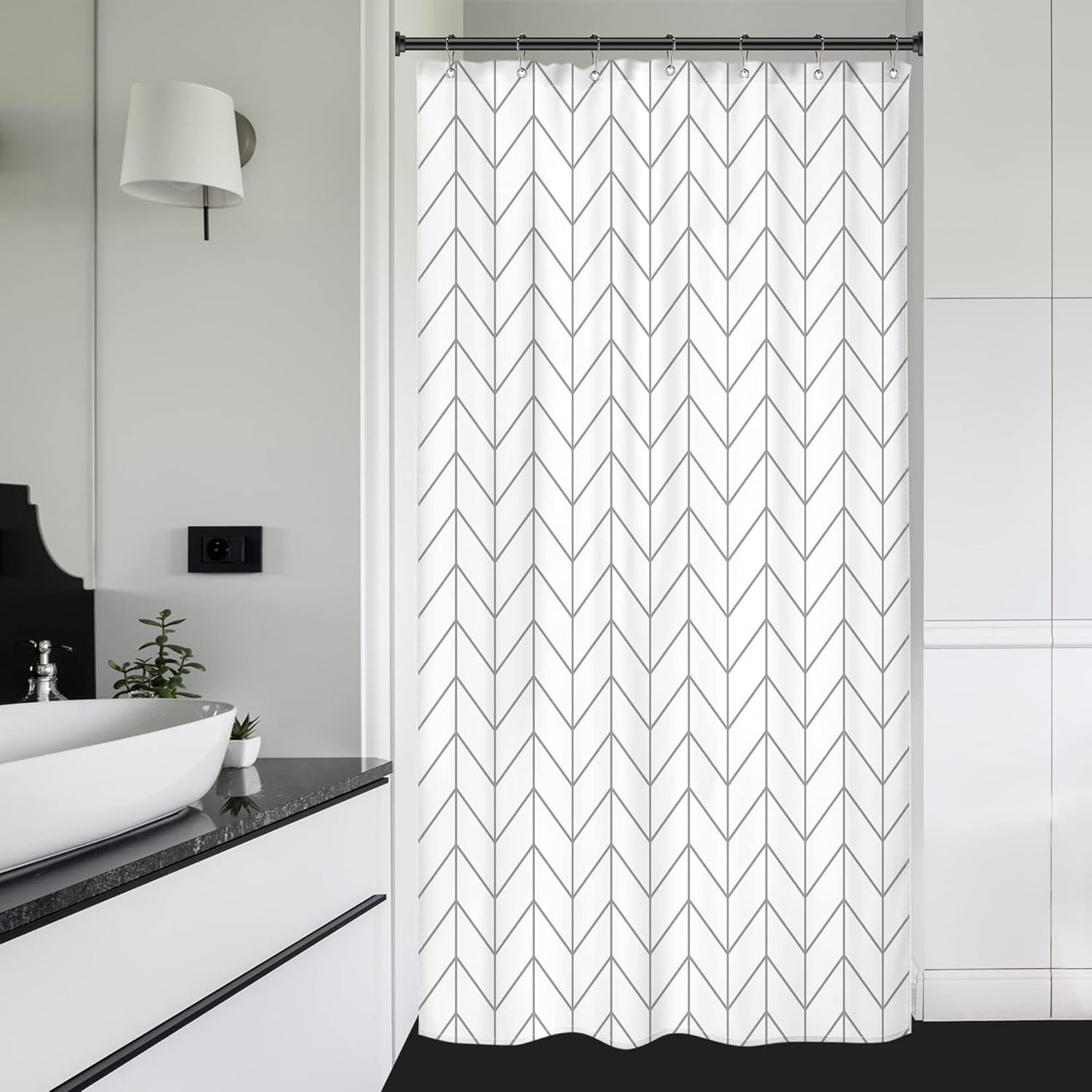 Riyidecor Stall Small RV Gray White Grey Bathroom Shower Curtain Liner 36Wx72H Inch Half Single Narrow Walkin Standing Little Size Dorm Chevron Herringbone Geometric Tiny Fabric Polyester Waterproof
