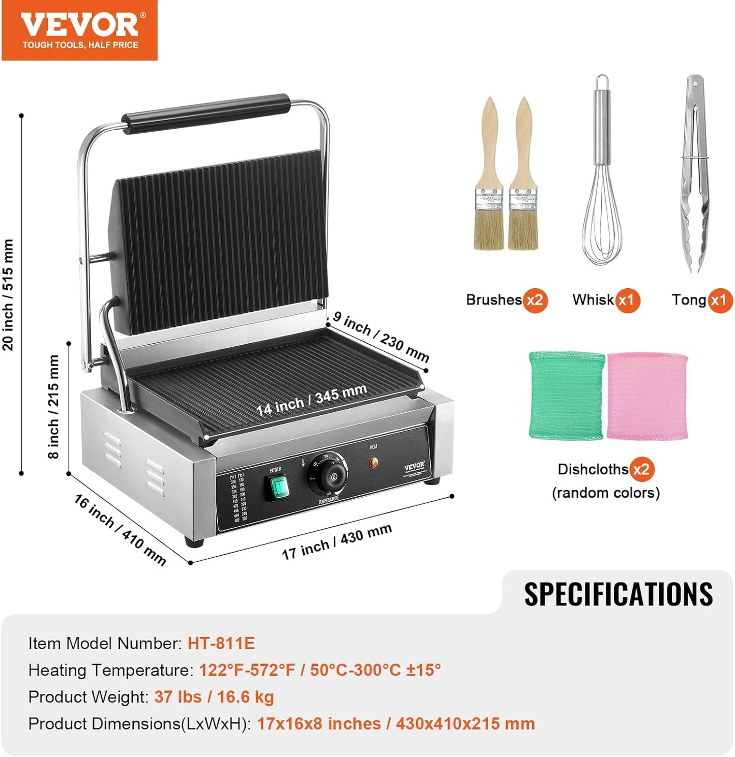 VEVOR 7 IN 1 Electric Contact Grill,1800W Indoor Panini Press Griddle,Stainless Steel Teppanyaki Grill with Nonstick&Removable Iron Plate, 0-446℉ Adjustable Temp Control,LCD Display,110V