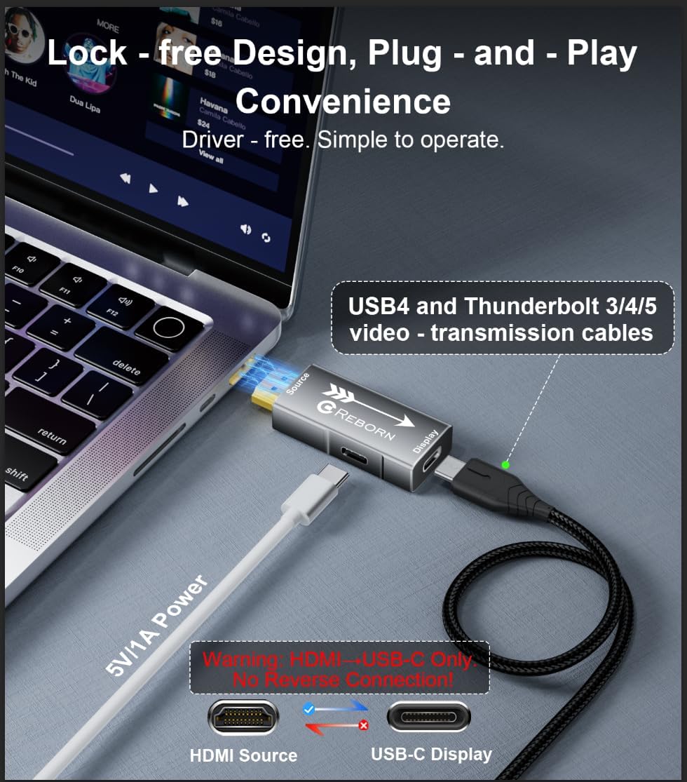 Reborn HDMI to USB C Adapter 4K 60Hz | Uni-Directional HDMI Source to USB-C Display Adapter for AR Glasses XREAL One、Air 2 Pro/VITURE Pro/RayNeo Air 2s/Rokid,PS5,Portable Monitors - 1 Pack