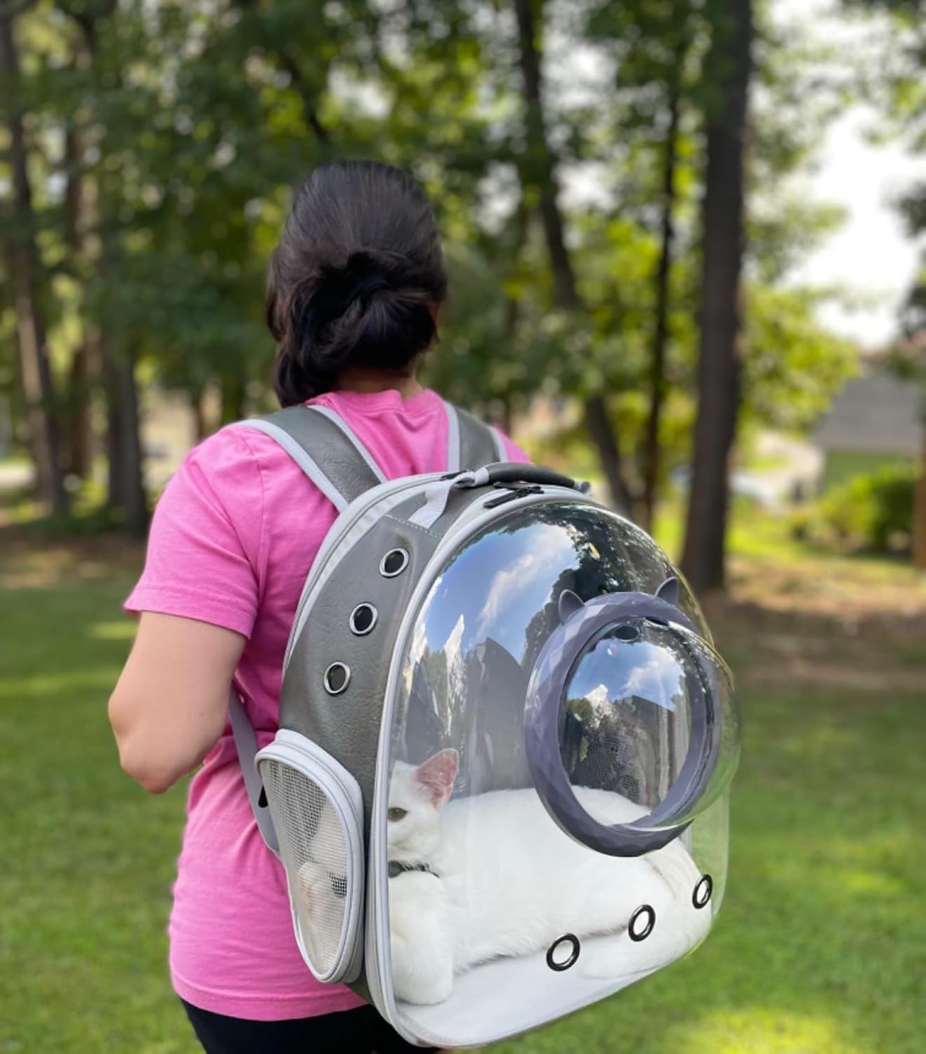 LAIRIES Dual Expandable Cat Backpack Carrier Front & Back Extension Pet Backpack Carrier, Fit up to 20 lbs, Bubble Capsule Dog Backpack Travel, Hiking & Outdoor Backpack (CL-Star Blue, Dual Extension)