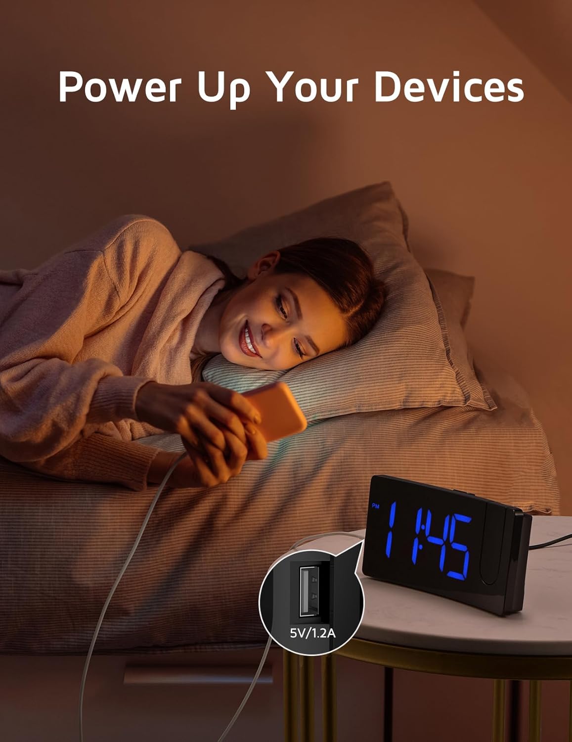 GOLOZA Projection Alarm Clock, Digital Clock with Modern Curved Design 180° Rotatable Projector, 3-Level Brightness Dimmer, Clear Blue LED Display, Progressive Volume, 9mins Snooze,12/24H, for Bedroom