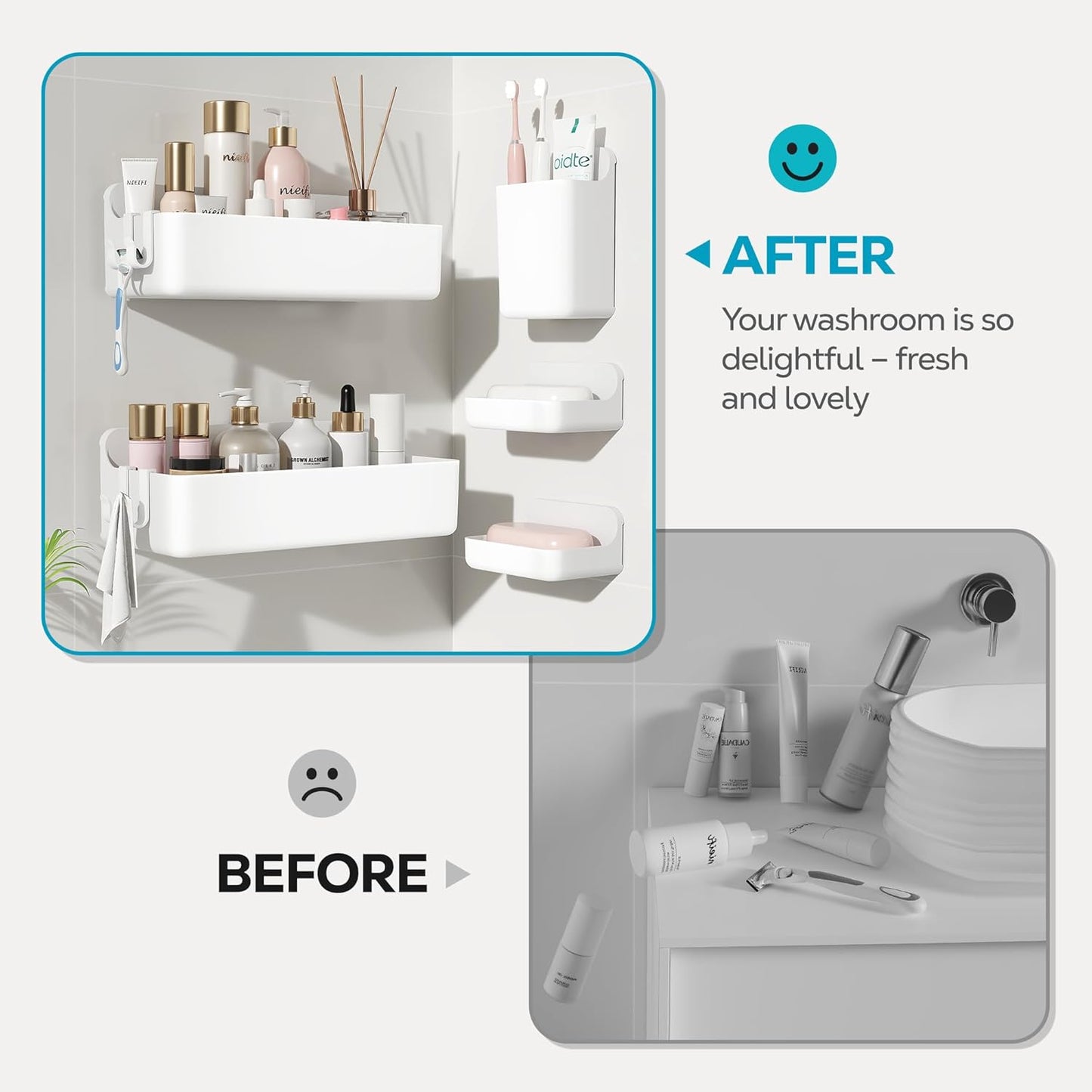 Nieifi Adhesive Wall Shelf,Shower Sheves 5 Pack with Soap Holder,Shower Organizer for Bathroom Organization,White