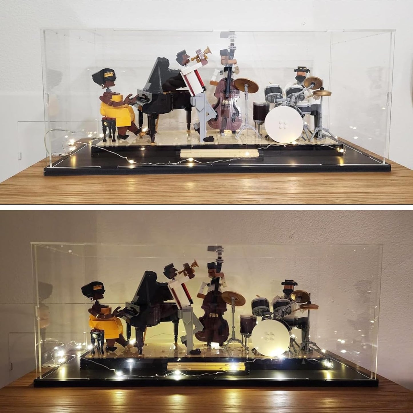 Thickened Clear Acrylic Display Case for Lego 10330 43268 76450 42170 10295 10353 Collectibles, Transparent Box Dustproof Protection with Wood-Plastic Base & String Light, Black Inside 40x20x20cm