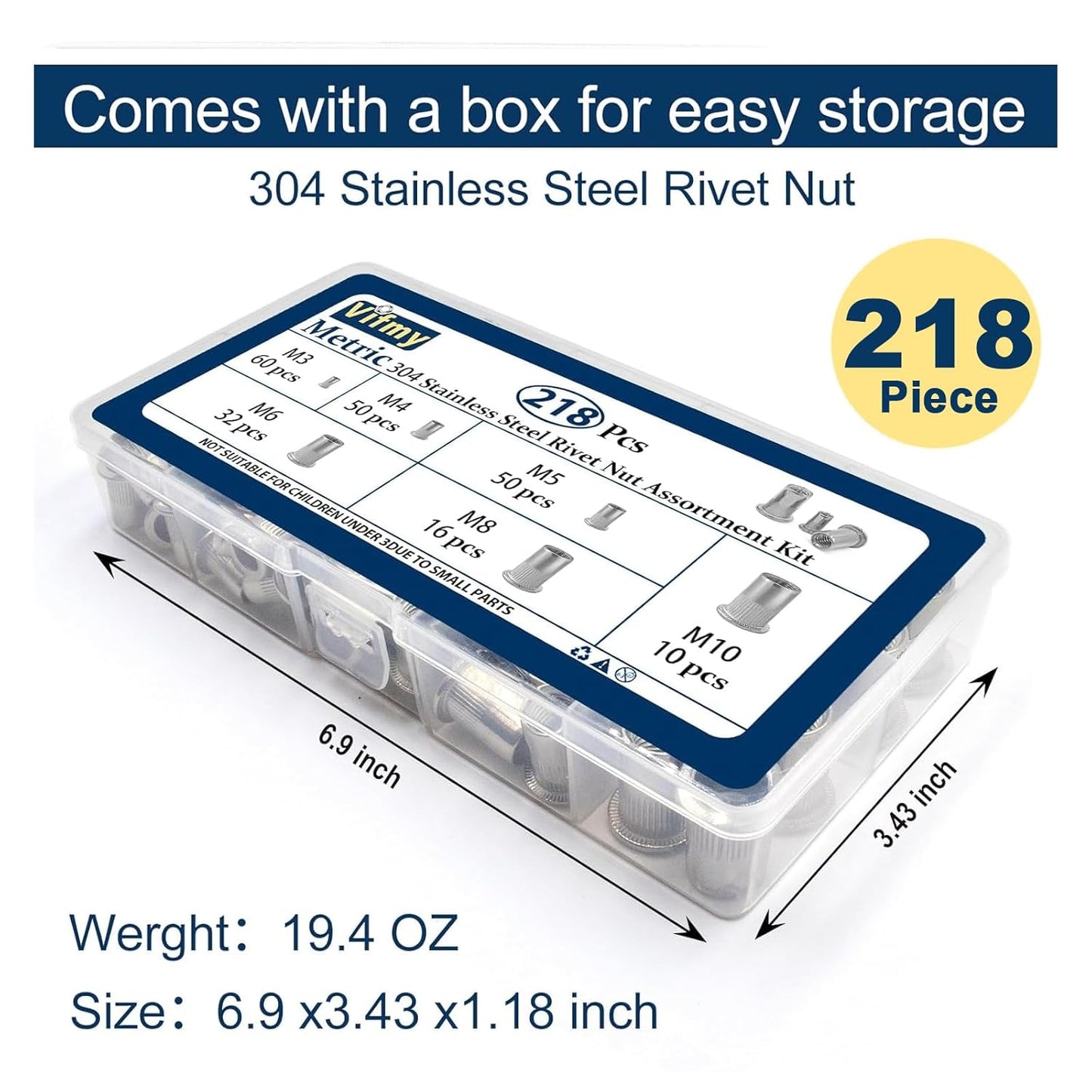 Vifmy Metric & SAE Rivet Nut Assortment Kit(420 Pcs),m3 m4 m5 m6 m8 m10 m12#6-32#8-32#10-24 1/4"-20 5/16"-18 3/8"-16 UNC Flat Head Rivnut Set,Zinc Plated Finish Carbon Steel Nutsert