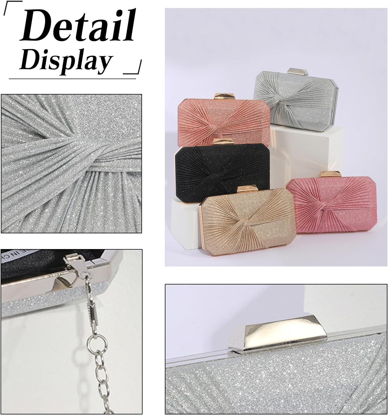 CORIOS Pleated Evening Bag Sparkly Sequin Clutch Bag for Women Sparkly Handbag Bridal Wedding Purse Elegant Crossbody Bag