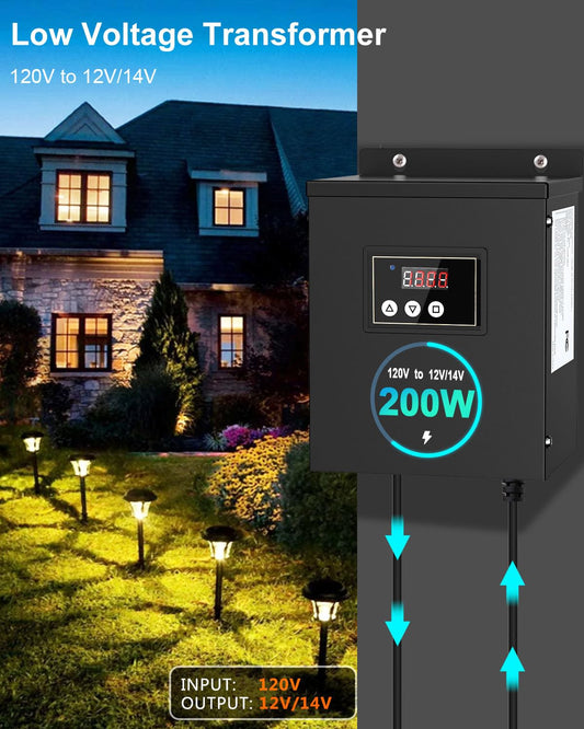 200W Low Voltage Landscape Transformer,Low Voltage Transformer with Timer,Photocell Sensor and Remote Control, 120V AC to 12V/14V AC,Weatherproof,for LED Landscape Lighting,ect (200, Watts) - PuriLite
