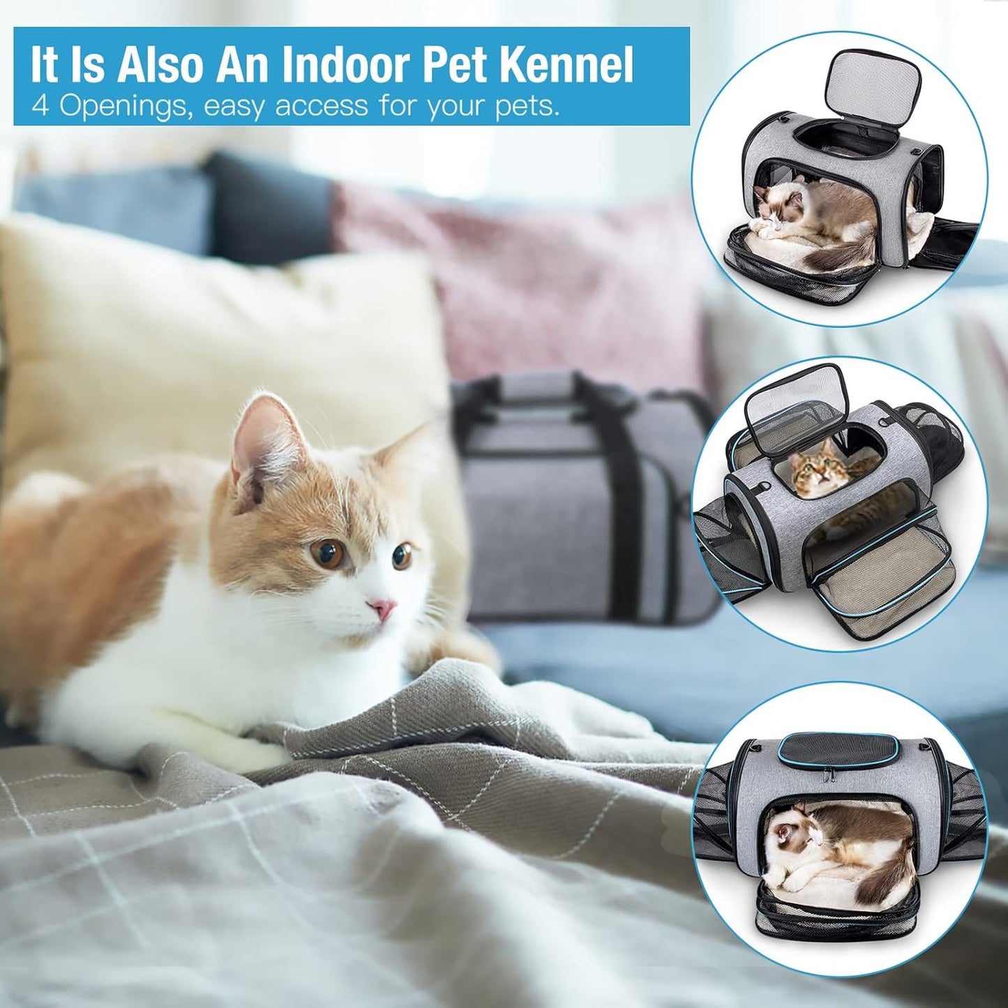 Siivton Cat Carrier,4 Sided Expandable Pet Carrier for Travel,Collapsible Soft-Sided Carriers with Removable Fleece Pad and Shoulder Straps,Airline Approved(17.5"x 11"x 11")