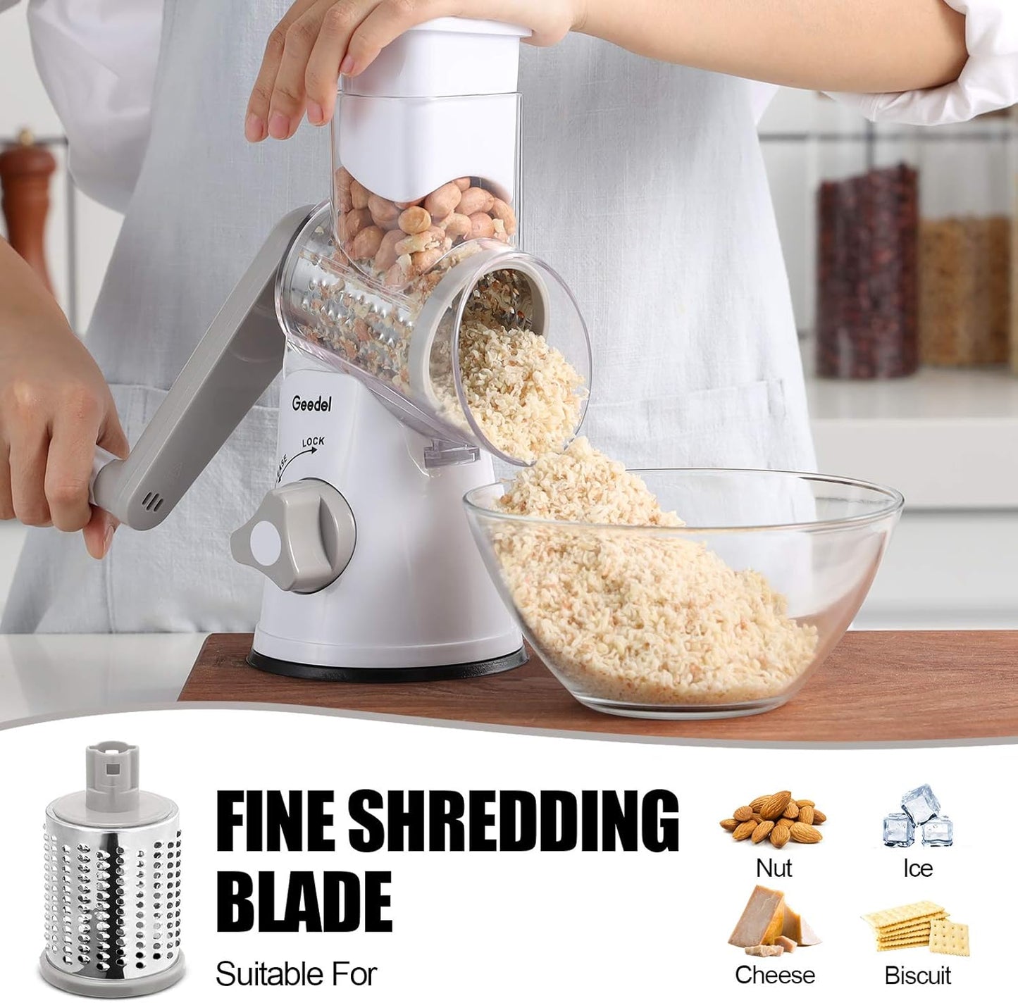 Geedel Kitchen Cheese Grater, Rotary Mandoline Vegetable Slicer with Interchangeable Blades, Easy to Use Rotary Grater Slicer for Fruit, Vegetables, Nuts