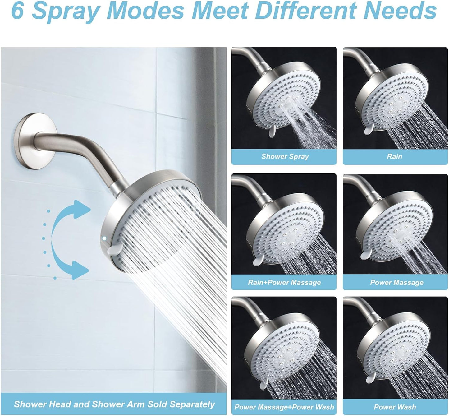 OFFO Shower Head, High Pressure Shower Head with 6 Mode, Fixed Showerheads for Strong Water Flow & Relaxing Shower Experience, Chrome