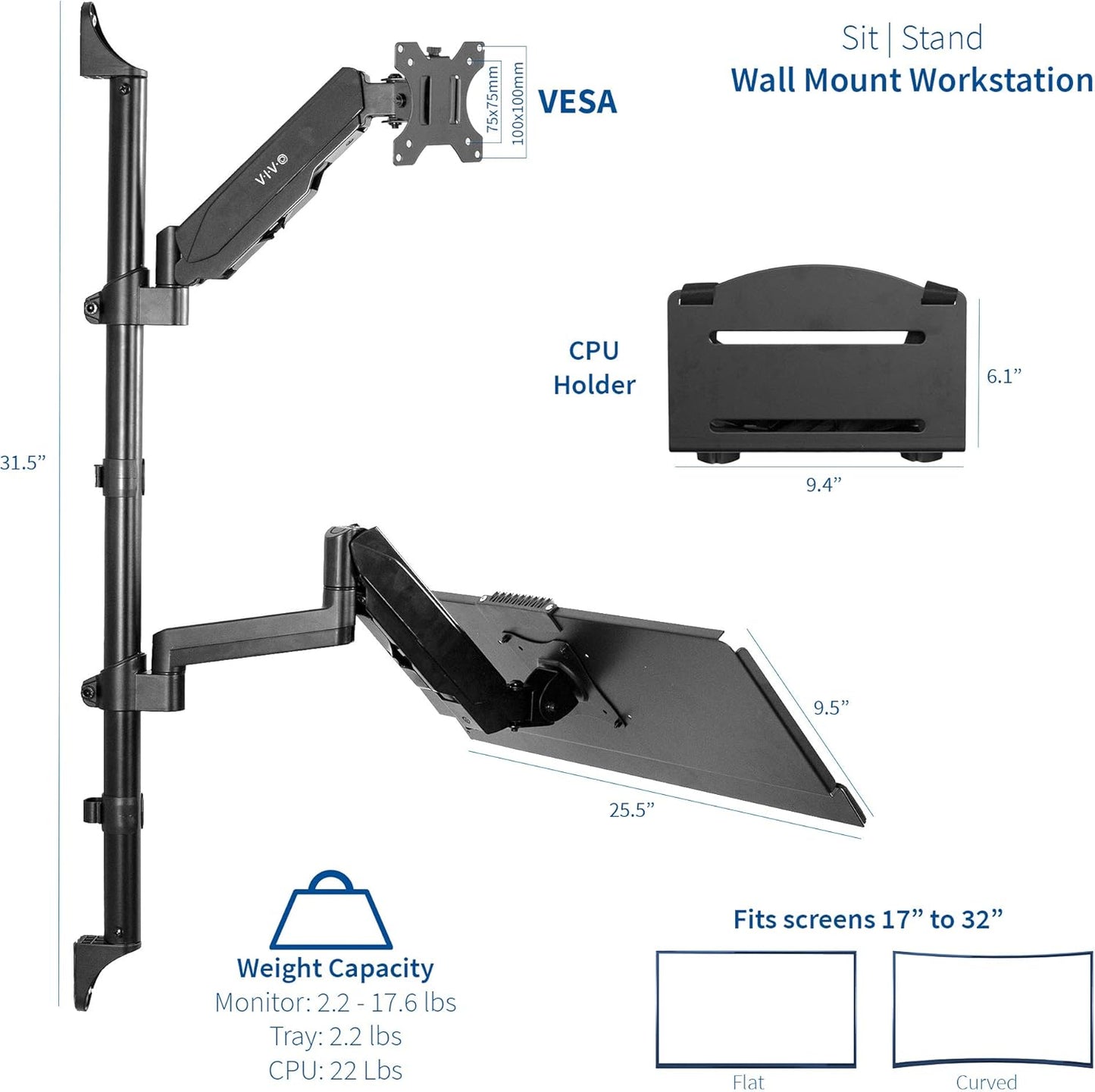 VIVO Black Sit-Stand Height Adjustable Pneumatic Spring Arm Keyboard, Monitor, CPU Wall Mount for 1 Screen up to 32 inches STAND-SIT1BW