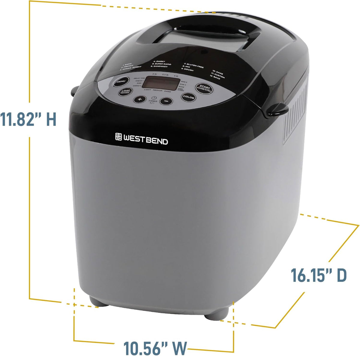 West Bend 47413 Hi-Rise Bread Maker Programmable Horizontal Dual Blade with 12 Programs Including Gluten Free, 3-Pound, Gray