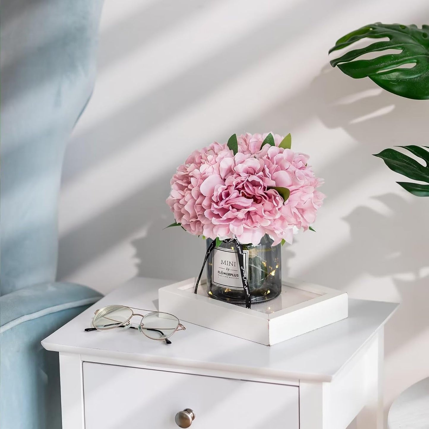 BLOSMON White Fake Flowers with Vase: Small Coffee Table Decor Bathroom Hydrangea Faux Flowers in Vase Office Desk Shelf Home Living Room Bedroom Vanity nightstand Decorations Floral Arrangement