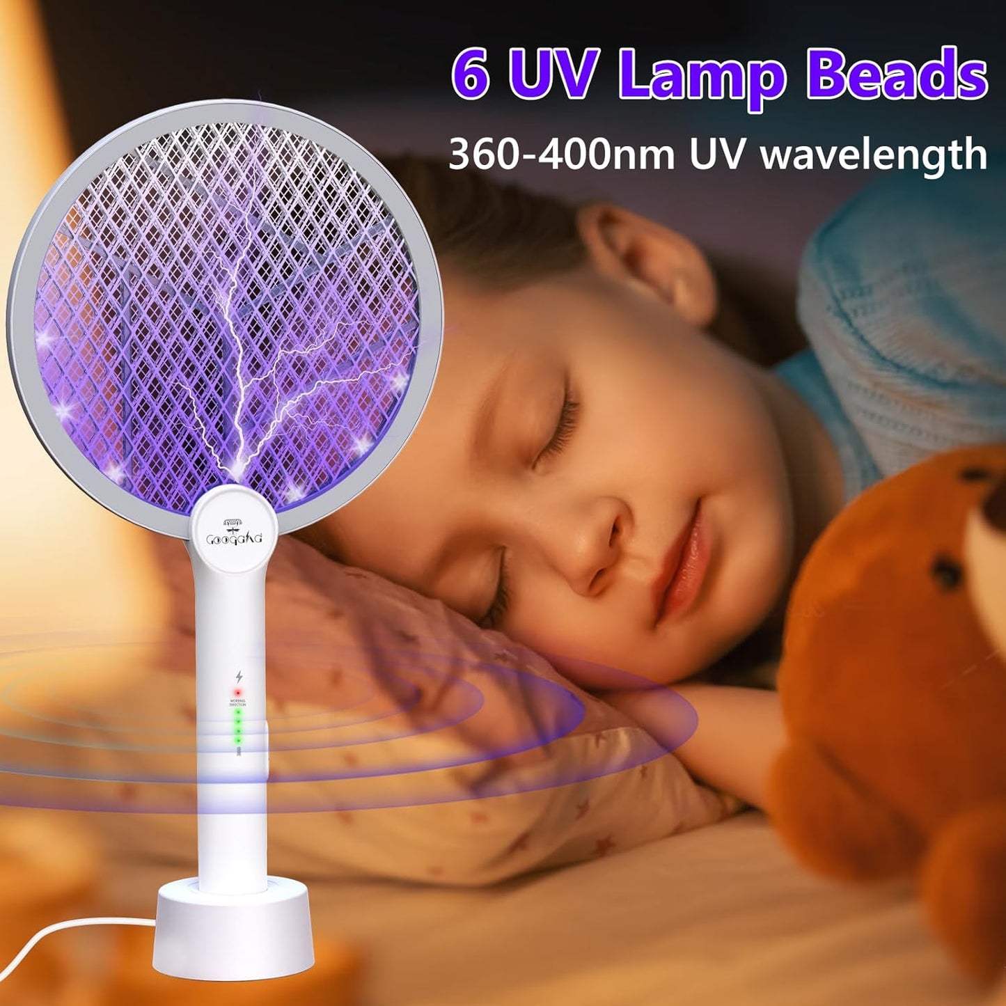 Gooqand Bug Zapper Racket, 2 in 1 Electric Fly Swatte with 3 Layer Safety Mesh, 4000V Fly Zapper with USB Rechargeable, Indoor Outdoor Fly Racket for Bedroom, Kitchen, Camping