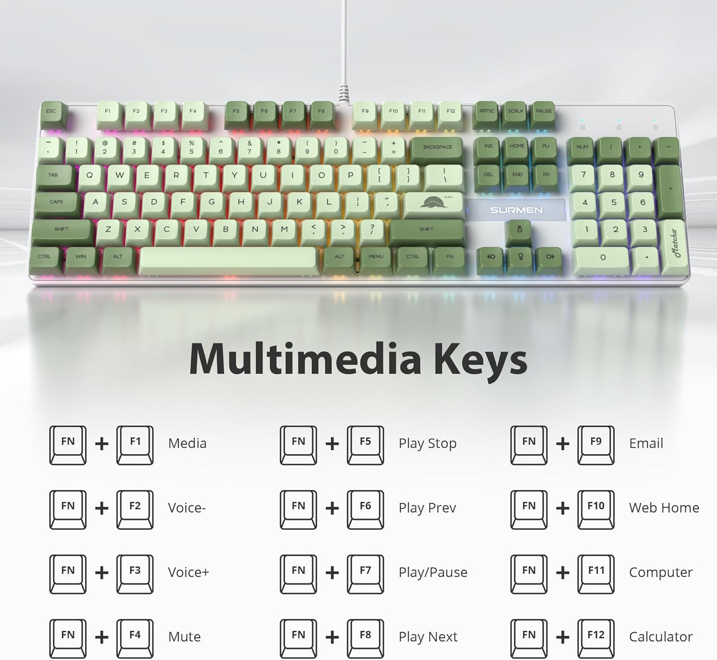 Fogruaden Full Size Mechanical Keyboard, Green Matcha Keyboard, Wired USB 104 Keys RGB Backlit Gaming Keyboard with Number Pad, Red Switches, NKRO Mechanical Keyboard for Windows Laptop PC Gamer