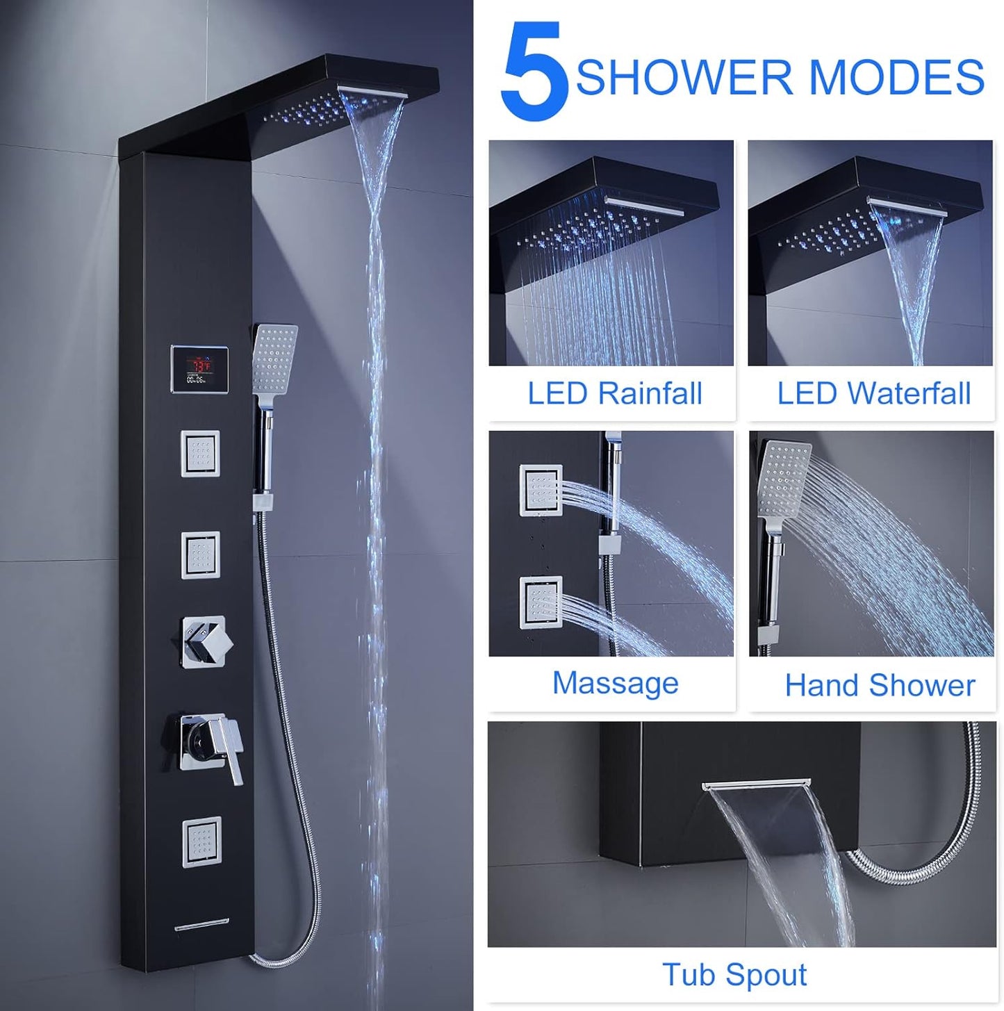 LED Shower Panel Tower System Black, MENATT 304 Stainless Steel 5-Function Shower Panel Rainfall Waterfall Shower Rain Massage System with Body Jets