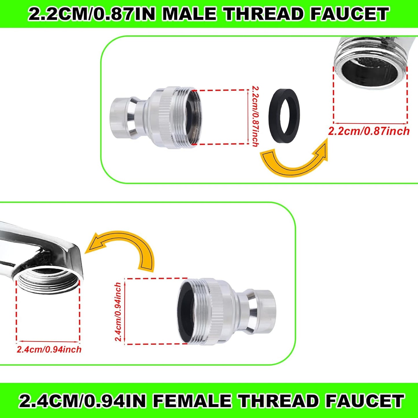 lasuroa 2pcs Portable Dishwasher Sink Faucet Adapter with Aerator, Chrome Adapter Kitchen Hose Attachment Connection for 15/16-27 Male or 55/64-27 Famale