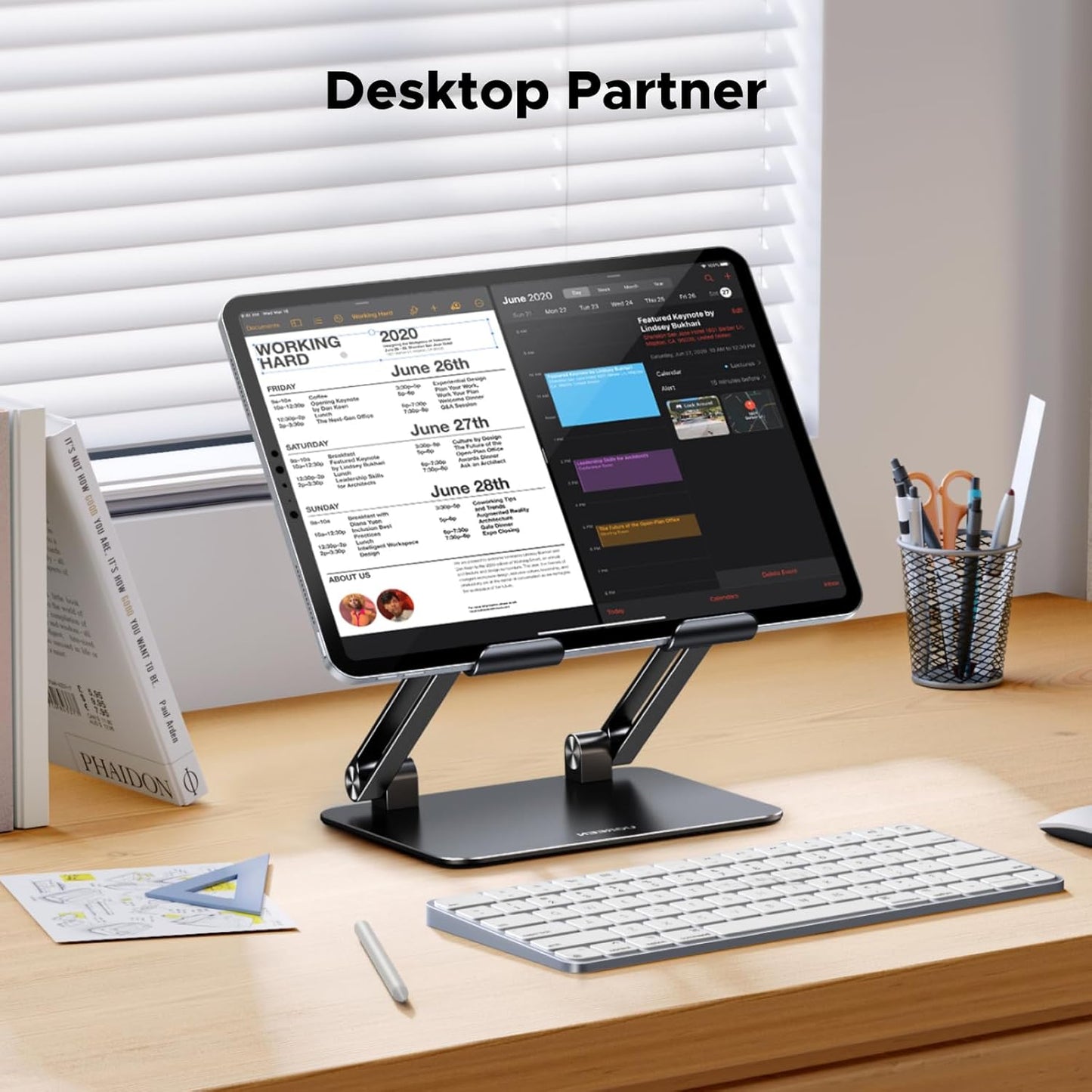 UGREEN Tablet Stand Holder for Desk, Aluminum Desktop Tablet Holder Dock Adjustable Foldable Riser Compatible with iPad Pro 12.9, 9.7, 10.5, iPad Air, iPad mini, Surface Pro, Galaxy Tab, Silver