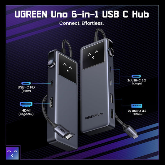 UGREEN Uno 6 in 1 USB-C Hub with 10Gbps USB-C & USB-A Data Ports 4K@60Hz HDMI, 100W Power Delivery Compatible with MacBook Pro/Air, iPad Pro, Surface, XPS, Thinkpad and More - PuriLite