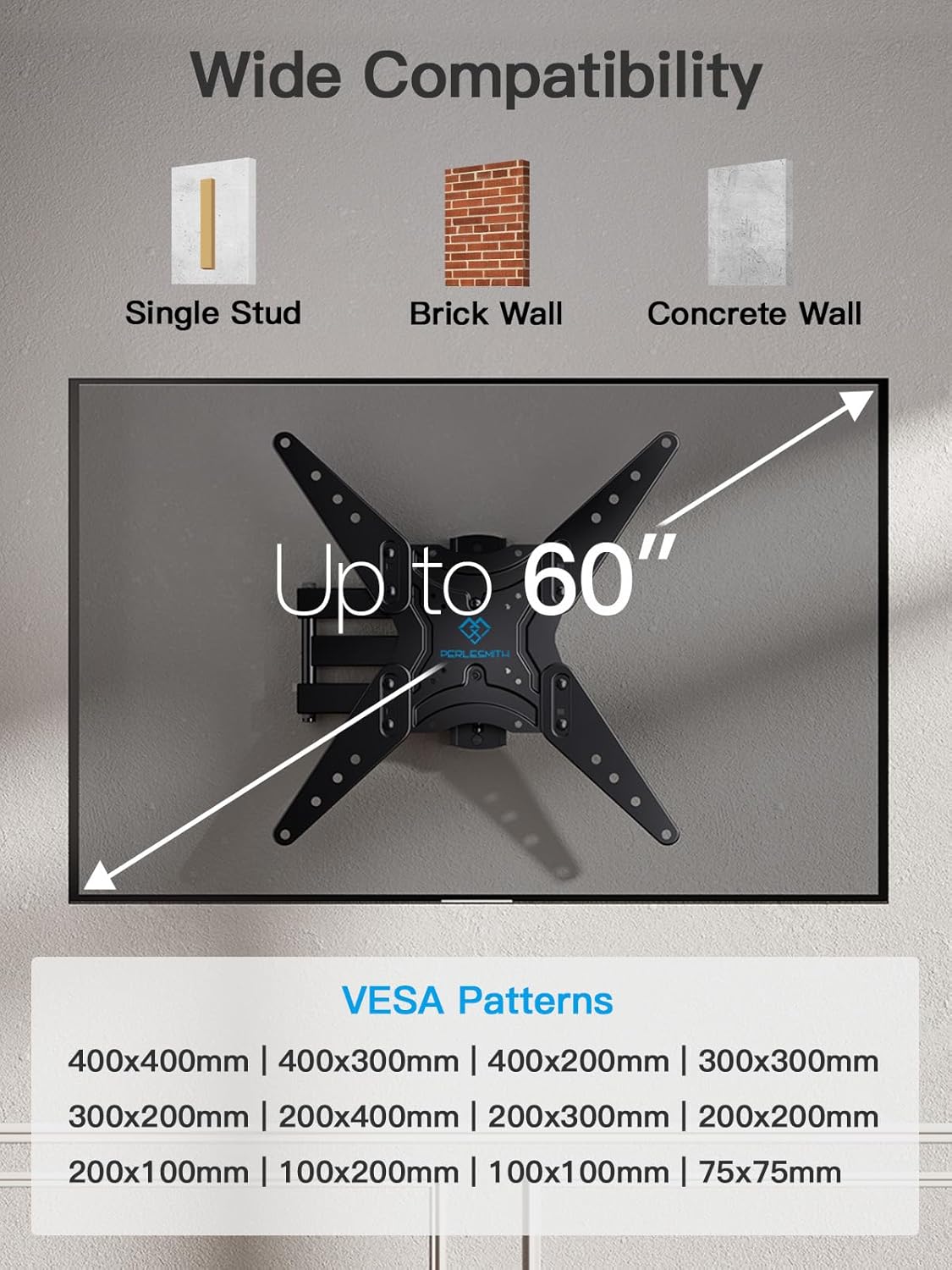 PERLESMITH Full Motion TV Wall Mount for 26-60 Inch Flat, Curved, LED, LCD, OLED, 4K TVs with Tilt, Swivel, Extension, Level, Articulating Arms TV Bracket VESA 400x400, Corner TV Mount up to 77 lbs