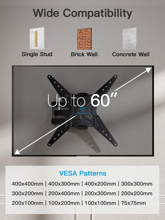 PERLESMITH Full Motion TV Wall Mount for 26-60 Inch Flat, Curved, LED, LCD, OLED, 4K TVs with Tilt, Swivel, Extension, Level, Articulating Arms TV Bracket VESA 400x400, Corner TV Mount up to 77 lbs - PuriLite