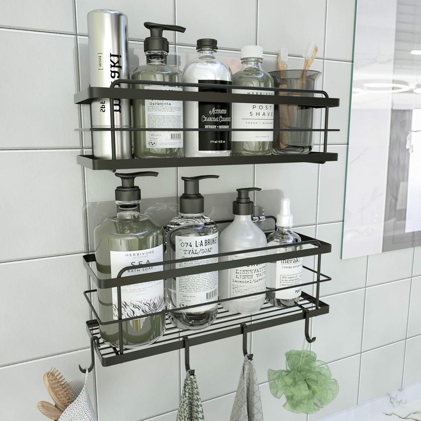 KINCMAX Premium Shower Caddy, 2-Pack Adhesive Shower Organizer, No Drill Bathroom Shelves, Rustproof Stainless Steel Shower Shelves for Inside Shower, Shampoo Holder, Shower Storage Rack, Matte Black