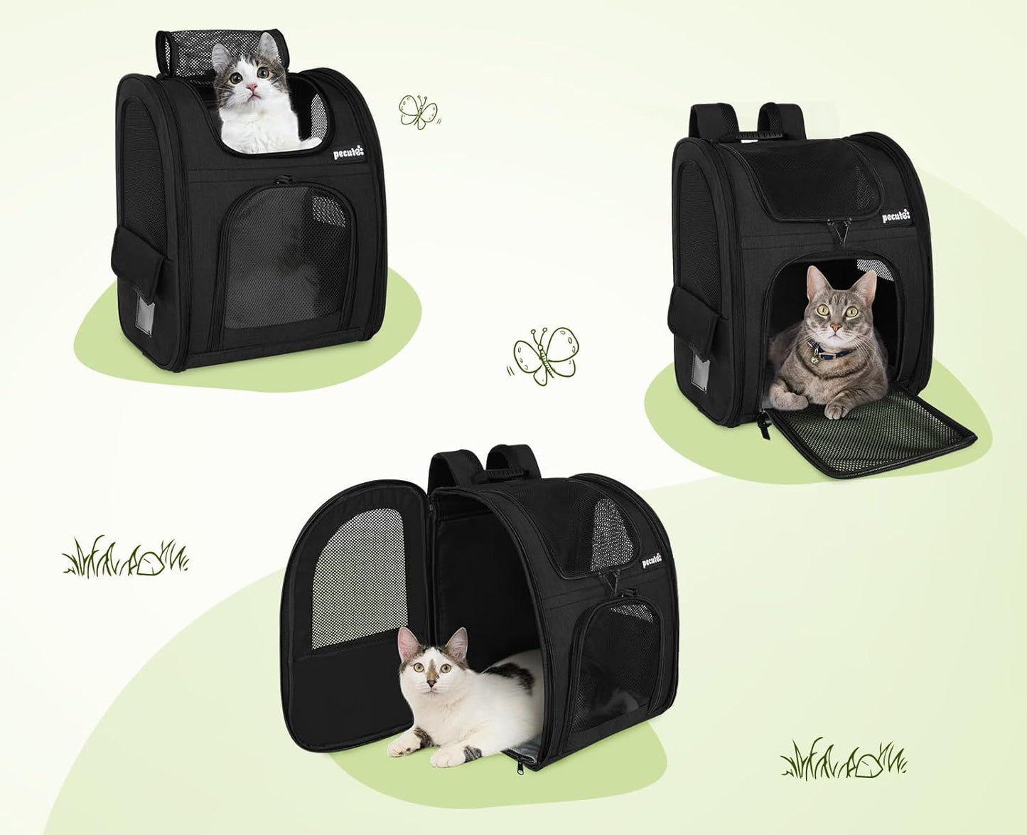 Pecute Cat Backpack with Breathable Mesh, Dog Backpack Carrier with Multi-Pockets for Cats Puppies, Pet Backpack Carrier for Travel Hiking Camping Outdoor (Gray)