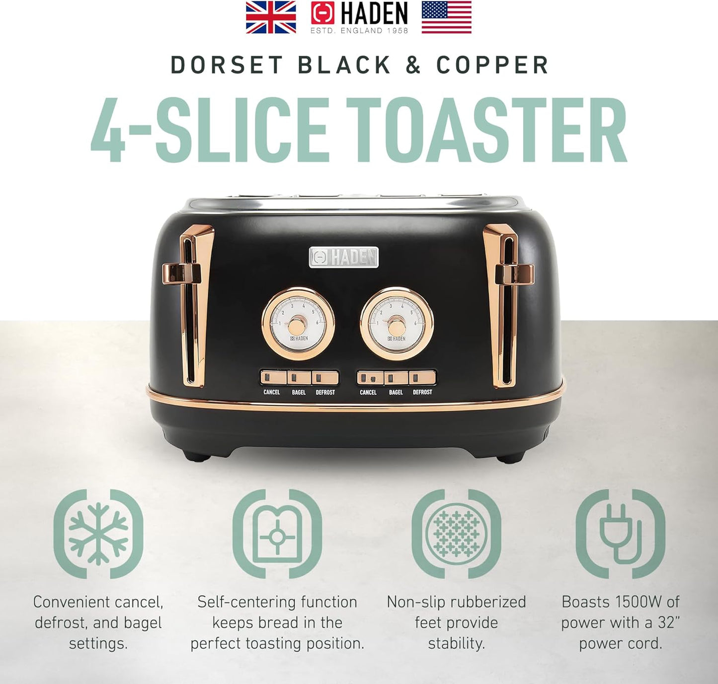 Haden Dorset 75083 Stainless Steel 1500W Retro Toaster 4 Slice Wide Slot w/Removable Crumb Tray and Settings, Black/Copper Toasters w/Adjustable Browning Control, Smart Toaster