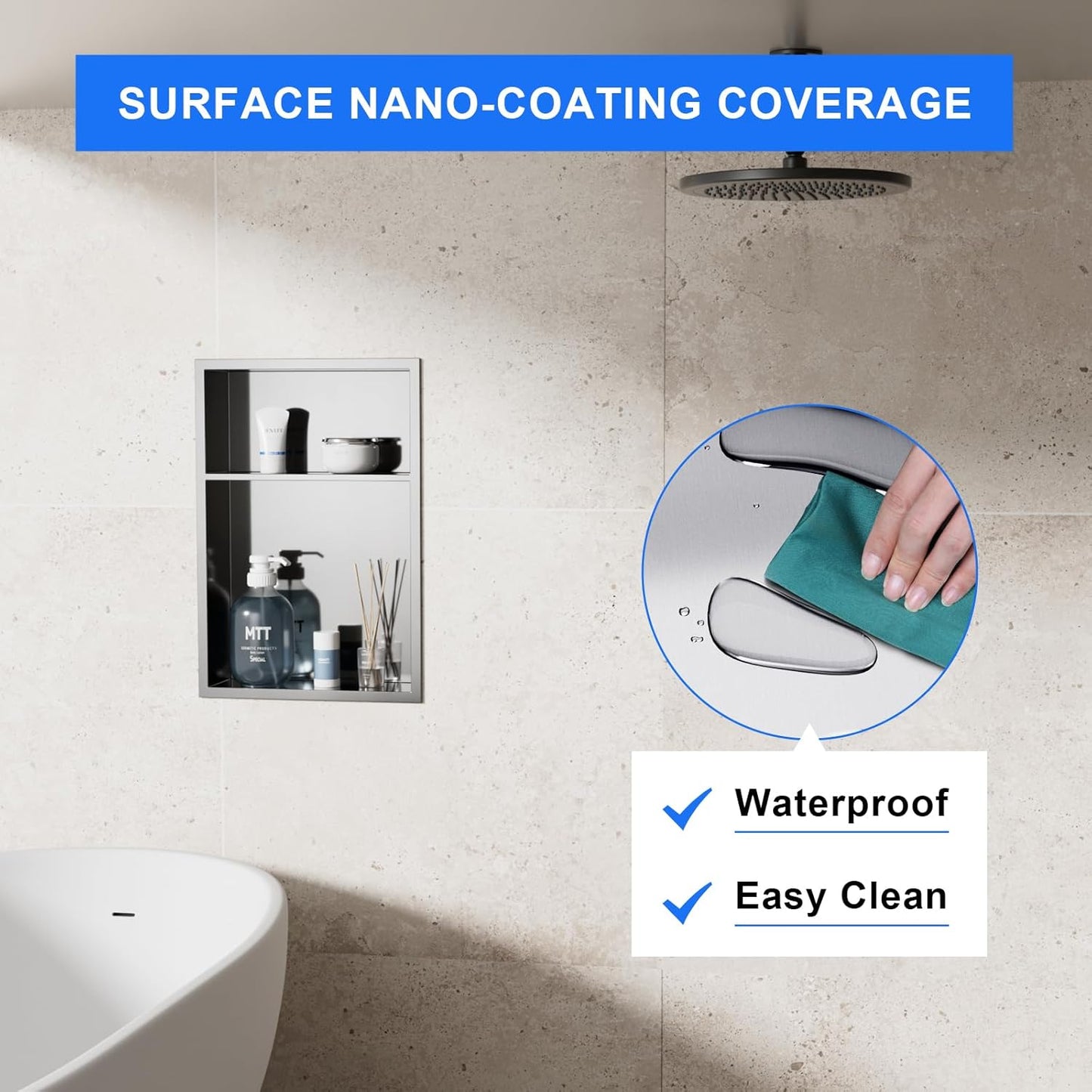 MENATT No Tile Shower Niche, Stainless Steel Wall Niche 13"X19"(Inner Size 12"X18"), Two-Tier Bathroom Shelf, NO Tile Needed Recessed Niche Shower for Bathroom Storage, Black