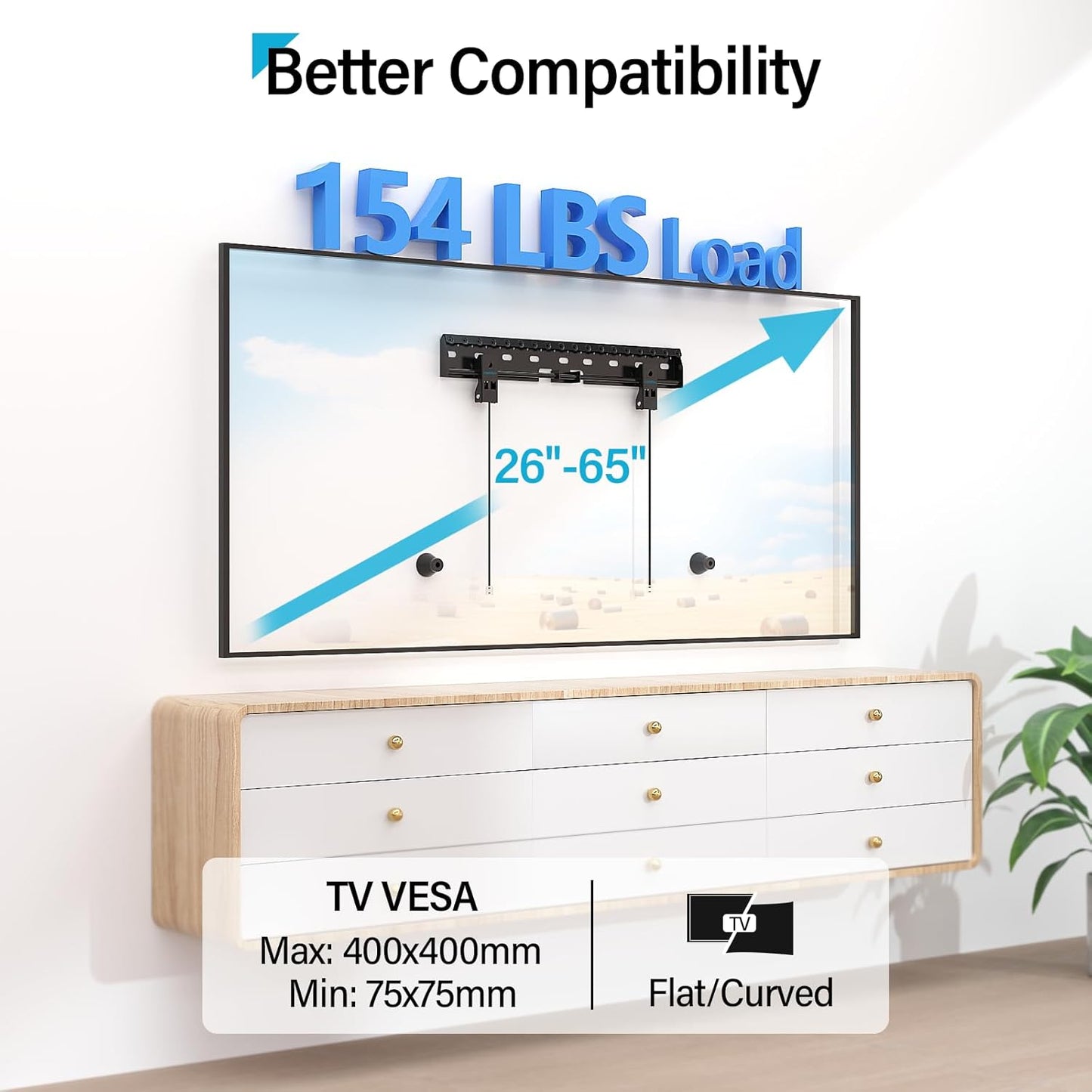 Supcline TV Wall Mount for 26-65 Inch TV up to 154 lbs, Studless Wall Mount TV Bracket with Max VESA 400x400mm, Low Profile Drywall TV Mount, Easy Install No Stud TV Mount
