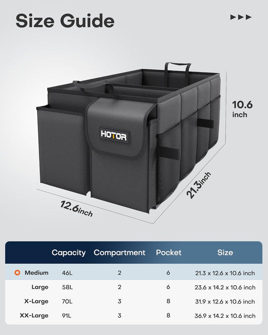 HOTOR Trunk Organizer - Car Organizer, Foldable Trunk organizer for SUVs & Sedans, Car Accessories, Tools, Sundries, 2 Compartments, Black - PuriLite