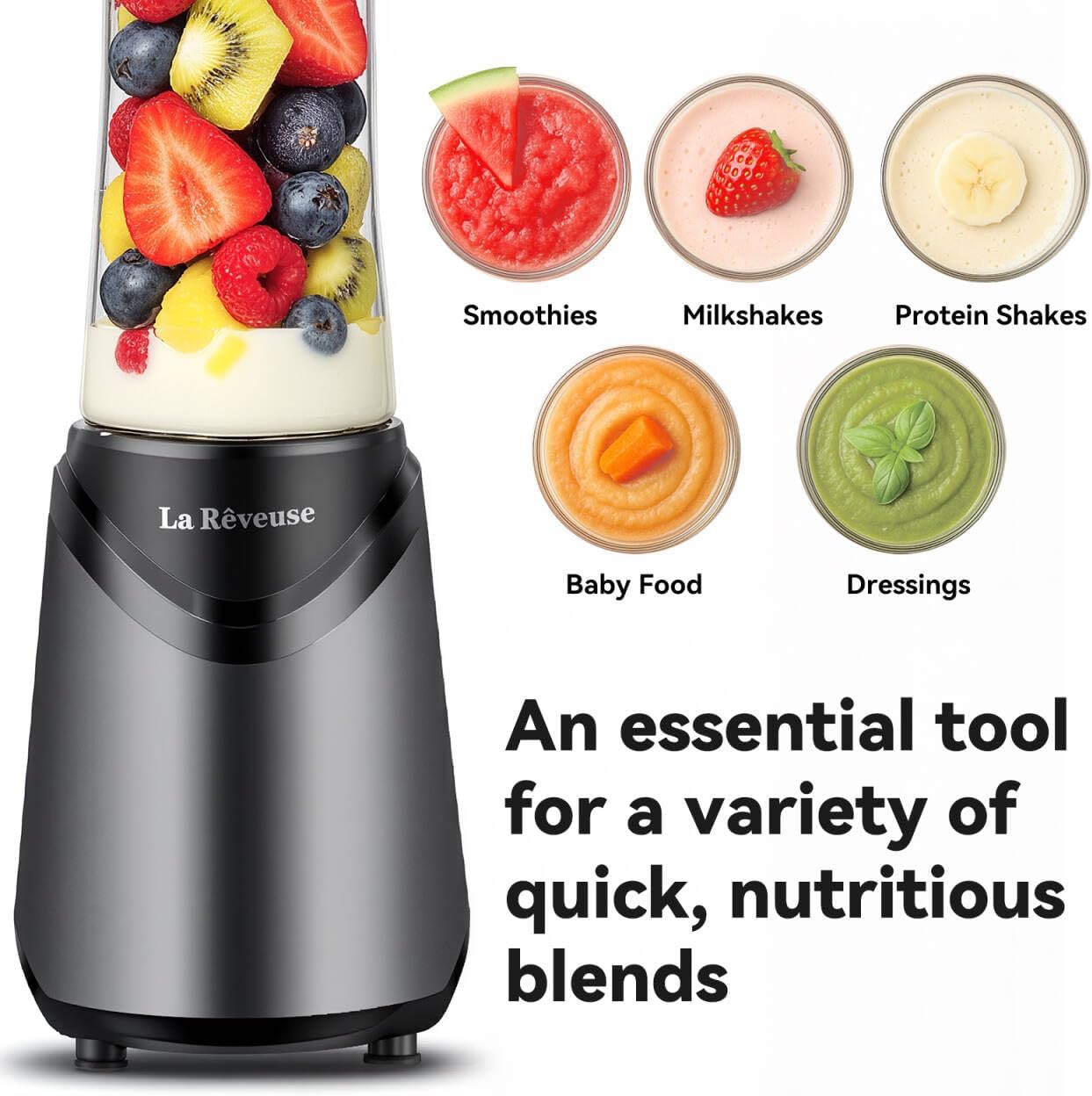 La Reveuse Smoothies Blender Personal Size 300 Watts with 2 Pieces 18 oz BPA Free Portable Travel Sports Bottles (Silver 2 Cups)