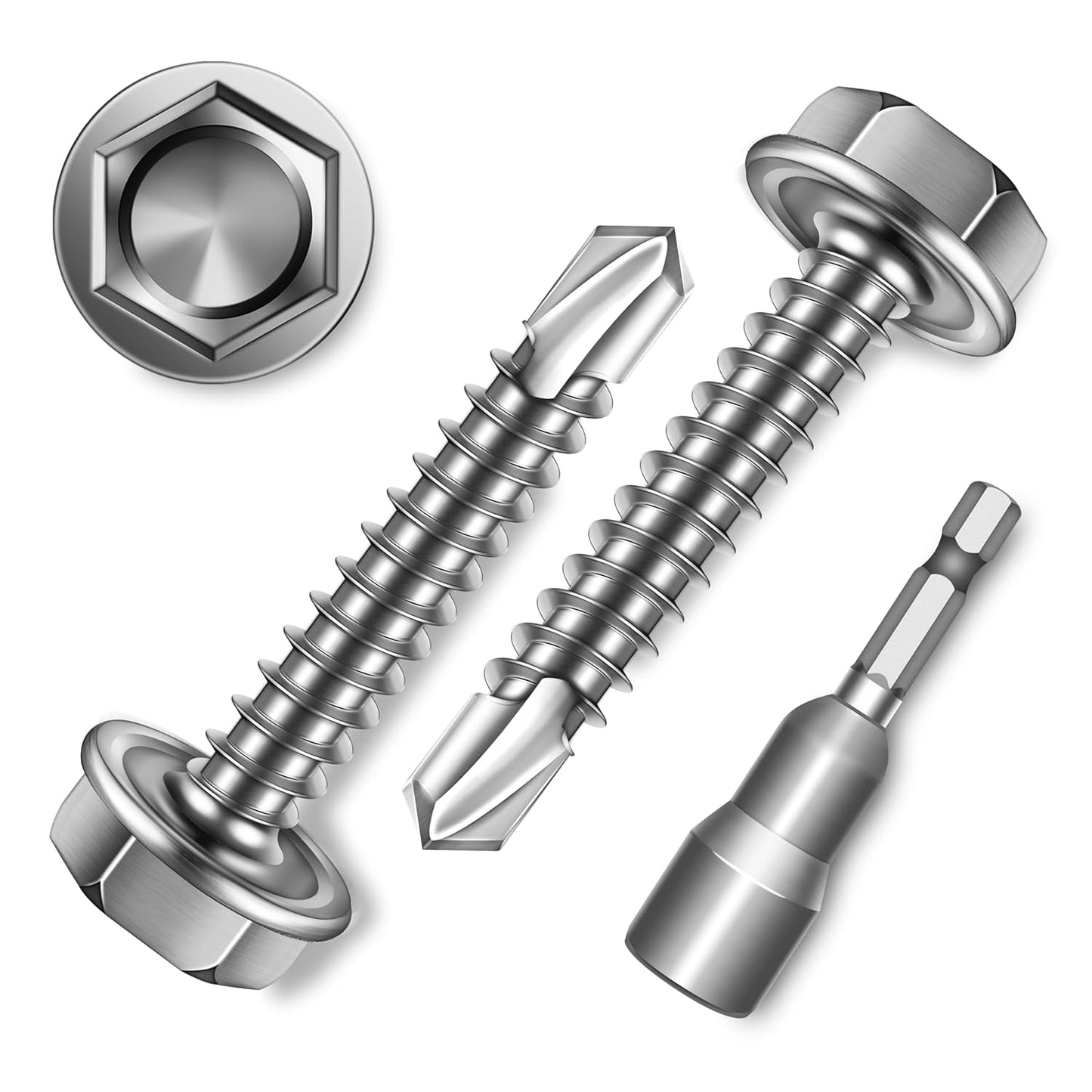 EASTPUK 100Pcs #8 x 1/2" Sheet Metal Screws, 410 Stainless Steel Self Drilling Hex Washer Head Self Tapping Screws for Metal with Drill Bit