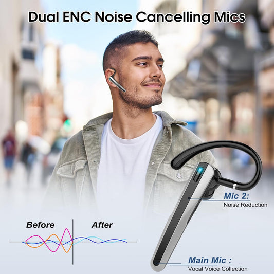 Atheewon Bluetooth Headset V5.3, Bluetooth Earpiece with ENC Noise Canceling Mic, 120Hrs Talk Wireless Headset with LED Display, IP7 Waterproof for Trucker - PuriLite