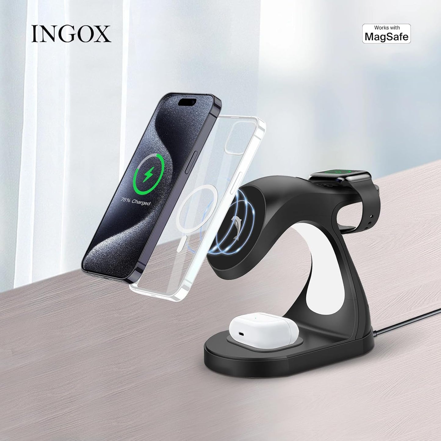 INGOX 4 in 1 Magnetic Wireless Charger Stand for iPhone 16 15 14 13 12 Pro/Max/Plus/Mini, AirPods Pro/3/2, and Watch 9/8/7/6/SE/5/4/3, Fast Charging Station, White Dolphin, 20W