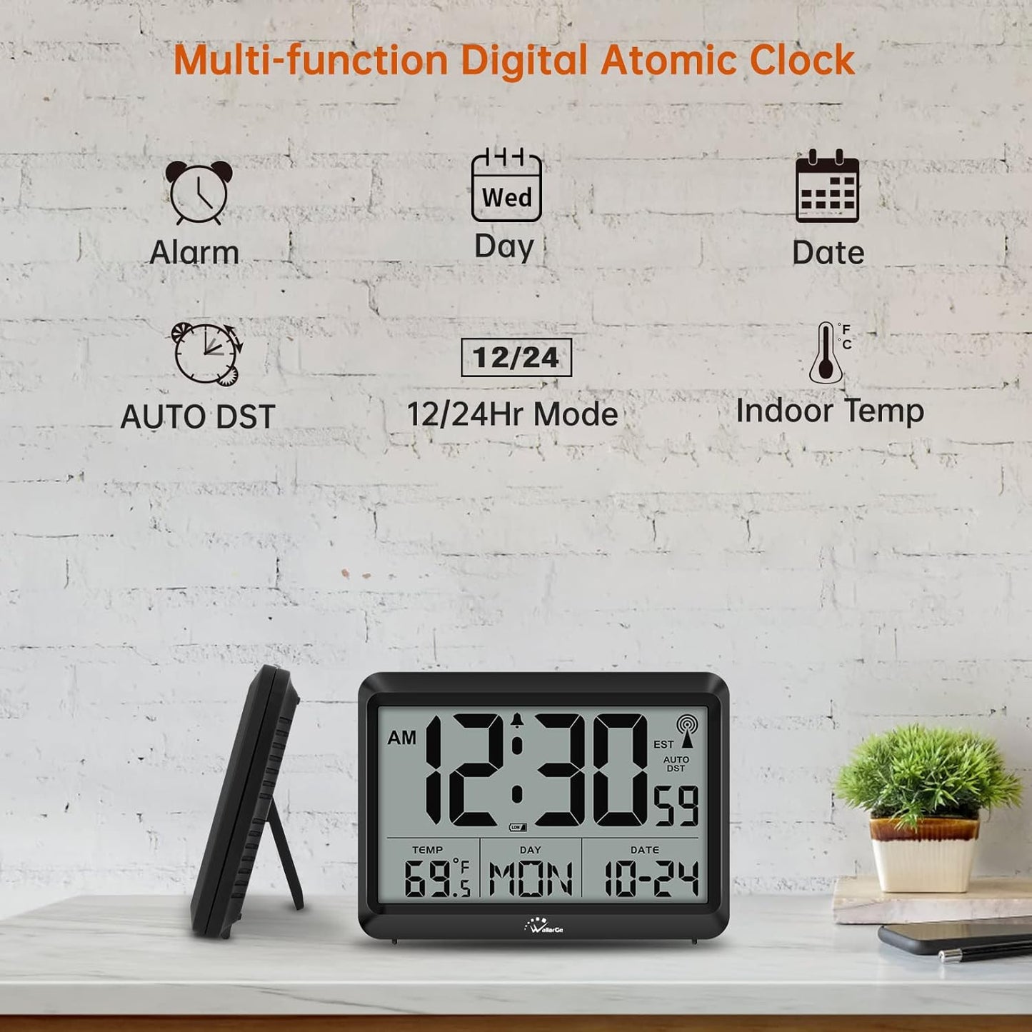 WallarGe Atomic Digital Wall Clock Battery Operated, Self-Setting, Large Display with Temperature, Date, Day of The Week, Silent Wall Mount Digital Clock, 4 Time Zones, DST