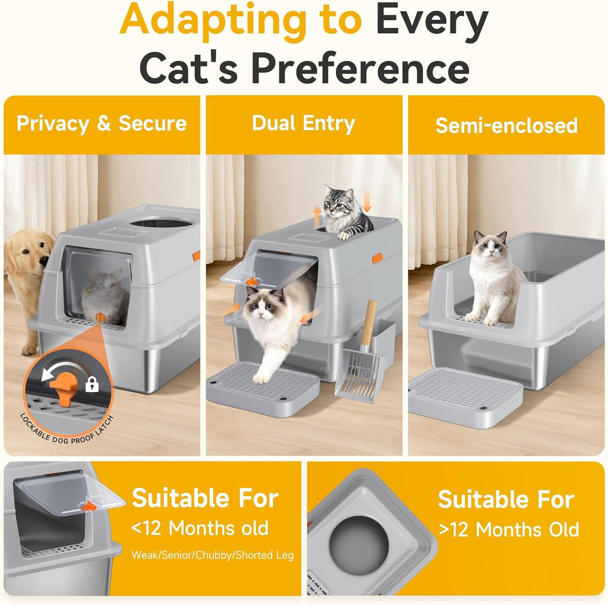 Extra Large Stainless Steel Litter Box with Lid, High Sided Enclosed Metal Cat Litter Pan, Dog Proof Front Entry Top Exit, Odor Control Easy Clean Leak Proof, Includes Scoop & Step, Light Gray