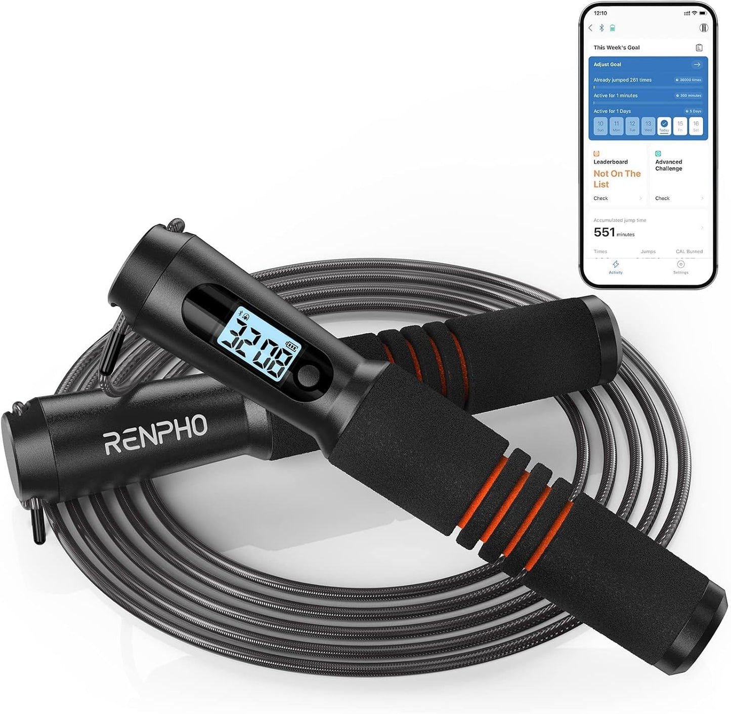 RENPHO Smart Jump Rope, Cordless Jump Rope, High-Speed Jump Rope with Counter, Fitness Skipping Rope with APP Data Analysis, Workout Jump Ropes for Home Gym, Crossfit for Exercise for Men, Women