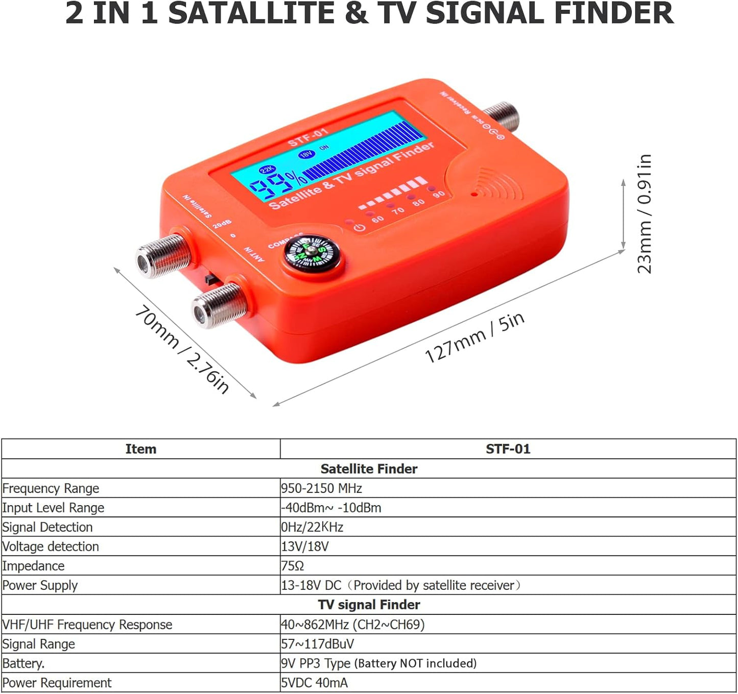 2 in 1 Satellite and TV Signal Finder LCD Digital Satellite Finder Portable TV an Signal Strength Meter Signal Finding Meter with Compass Alarm Buzzer