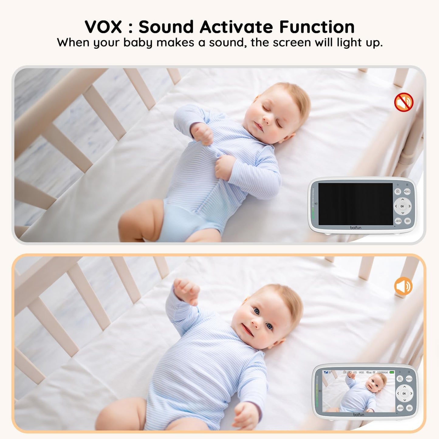 BOIFUN Baby Monitor No Wi-Fi, 4'' 3X Zoom Display, Video Baby Monitor Camera, IPS 720p Wireless (Moniteur Bébé), Easy to Use and Set Up, VOX Sound Detection, Invisible Infrared Night Vision