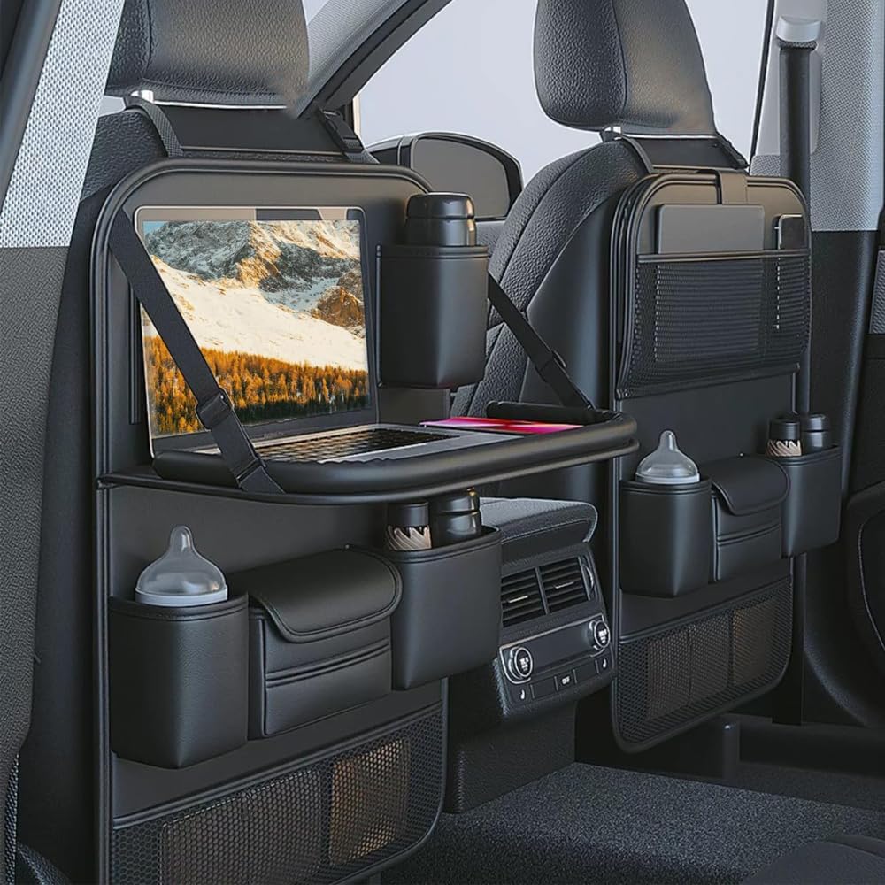 2 Pack Car Backseat Organizer, Car Storage Organizer with Foldable Table Tray,Leather Car Seat Back Protectors Kick Mats with Storage Pockets Travel Accessories