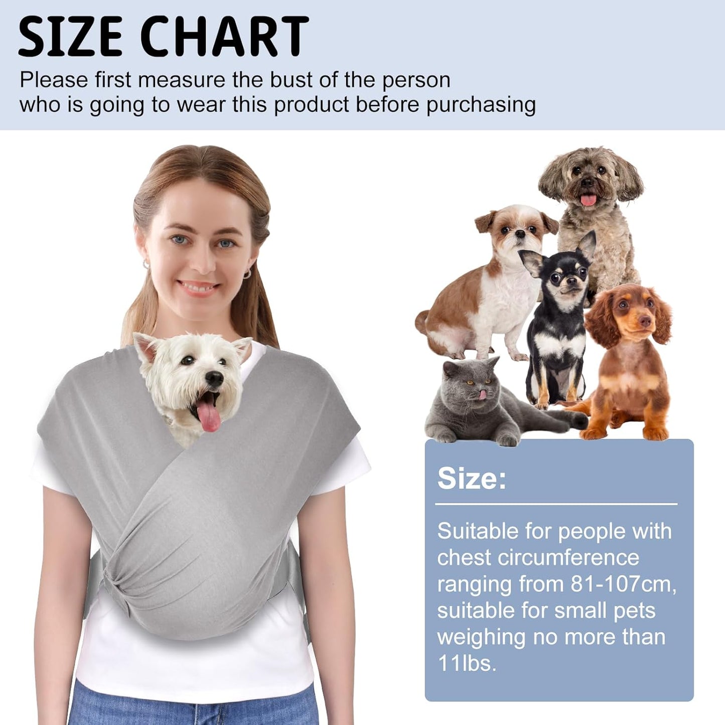 CUBY Swaddle Dog Sling Carrier for Small Dogs, Front Pet Sling Carrie Chest, Hands Free Adjustable Cat Slings Carrier Soft Cotton Reducing Pain Puppy SlingCarrier for Small Pets Up to 11lb (Grey)