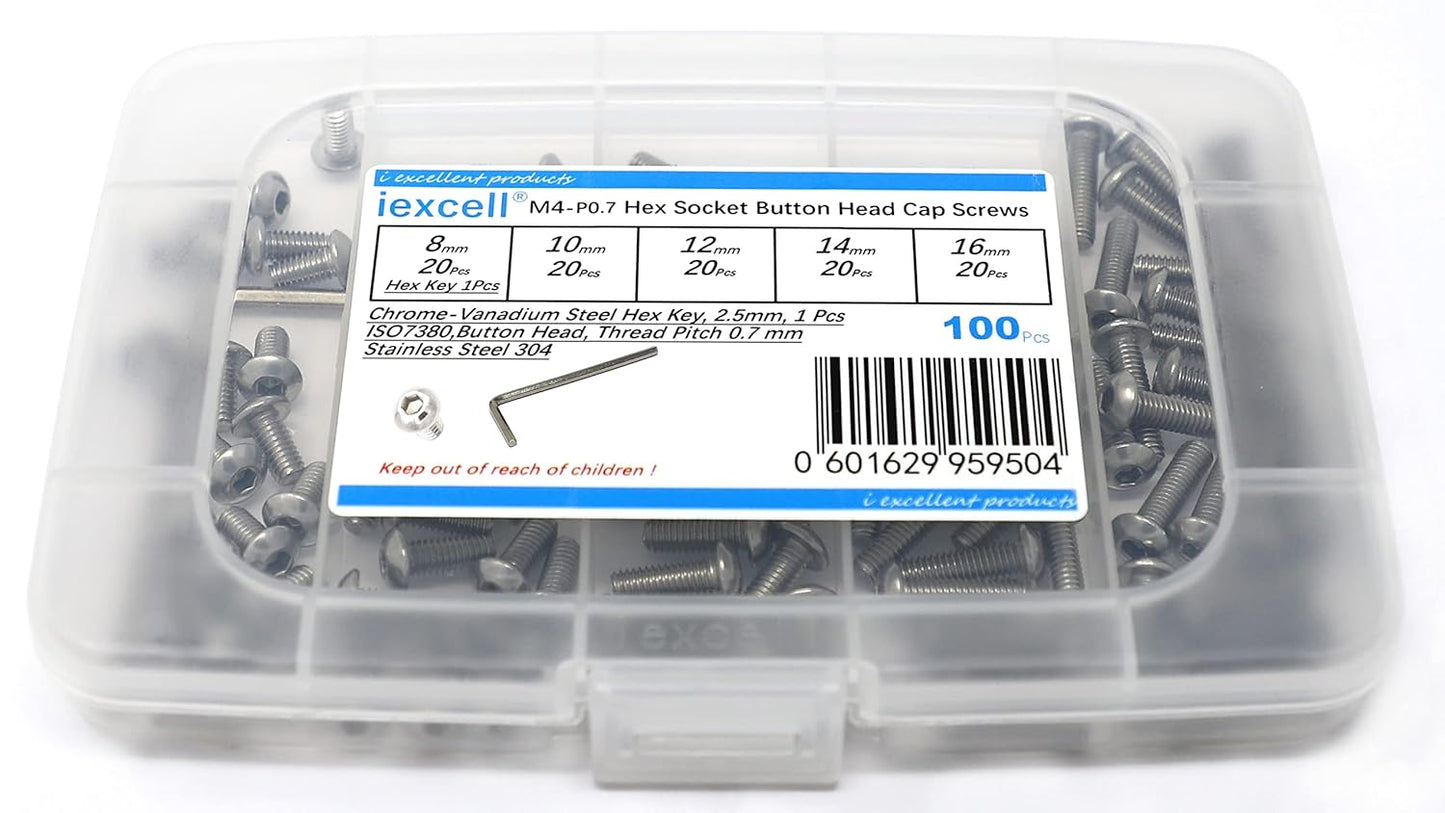 iexcell 50 Pcs M6 x 20mm Thread Pitch 1 mm Stainless Steel 304 Hex Socket Button Head Cap Screws Bolts Kit